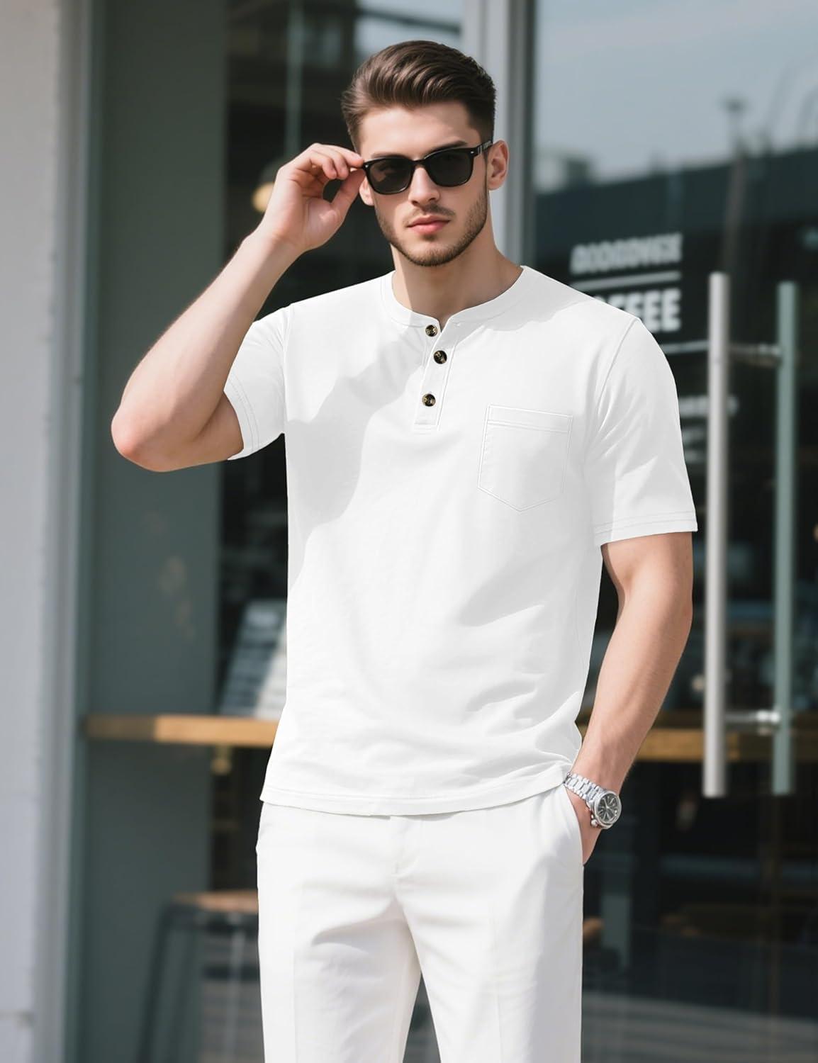 imageMAGCOMSEN Mens Henley Short Sleeve Shirt Cotton Lightweight Tee Shirts Casual Summer Basic Tees with PocketWhite
