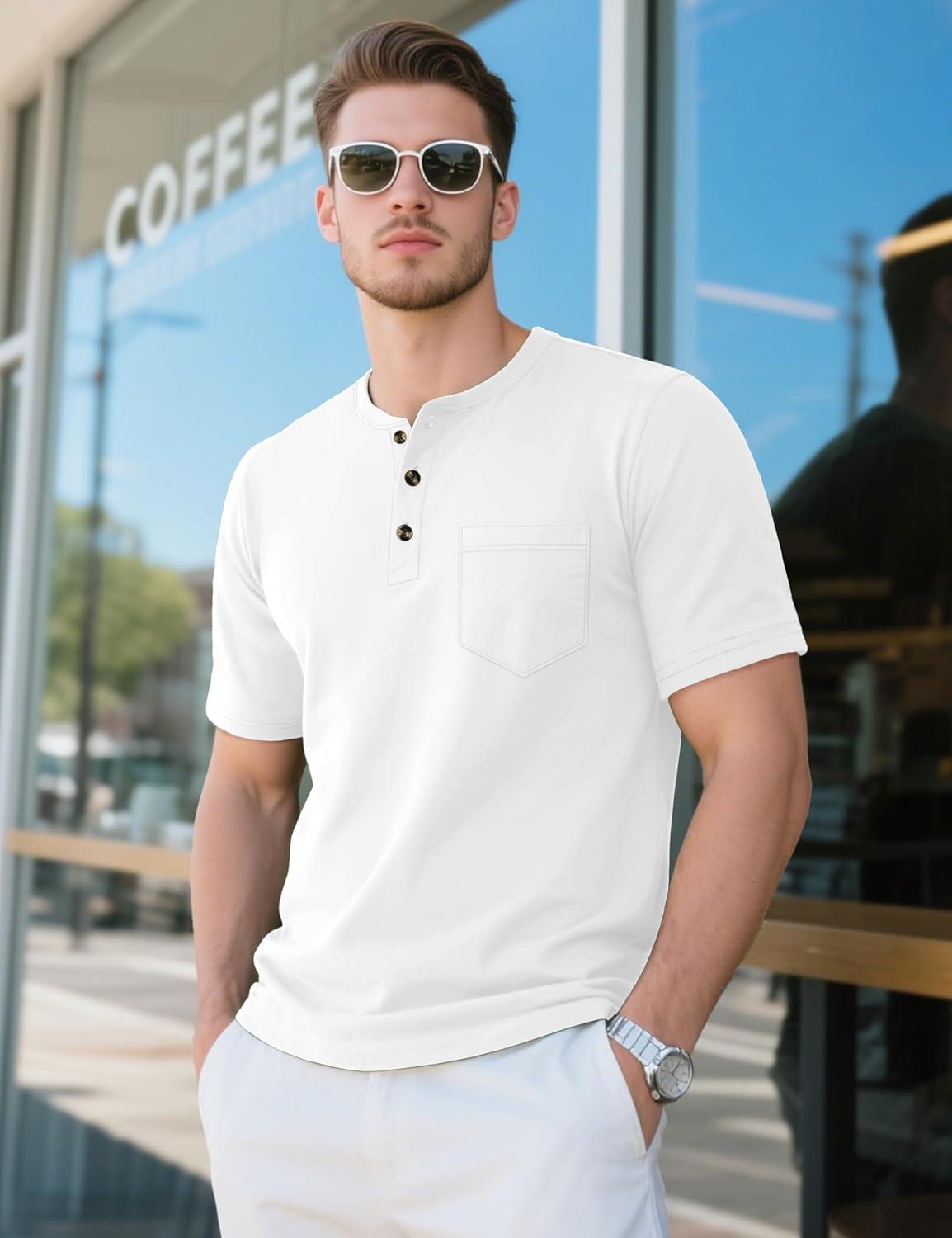 imageMAGCOMSEN Mens Henley Short Sleeve Shirt Cotton Lightweight Tee Shirts Casual Summer Basic Tees with PocketWhite