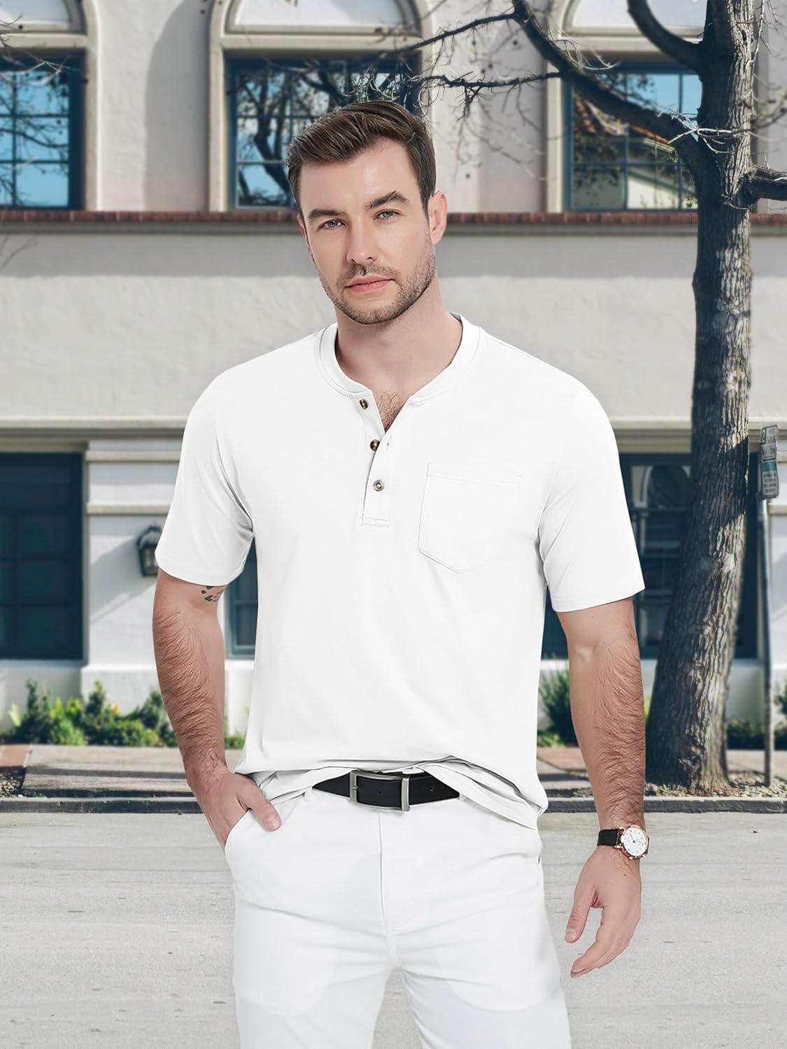 imageMAGCOMSEN Mens Henley Short Sleeve Shirt Cotton Lightweight Tee Shirts Casual Summer Basic Tees with PocketWhite