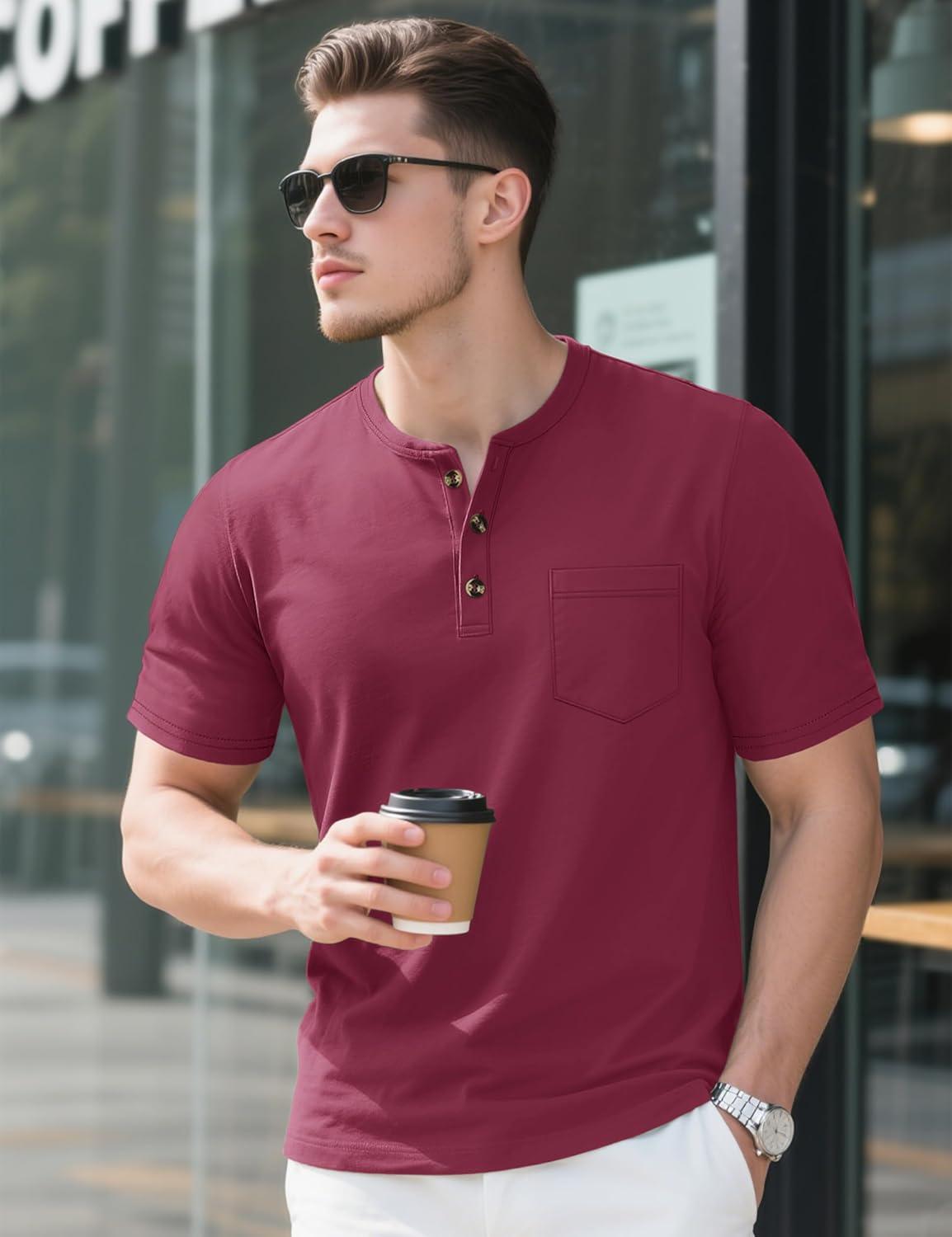 imageMAGCOMSEN Mens Henley Short Sleeve Shirt Cotton Lightweight Tee Shirts Casual Summer Basic Tees with PocketWine Red