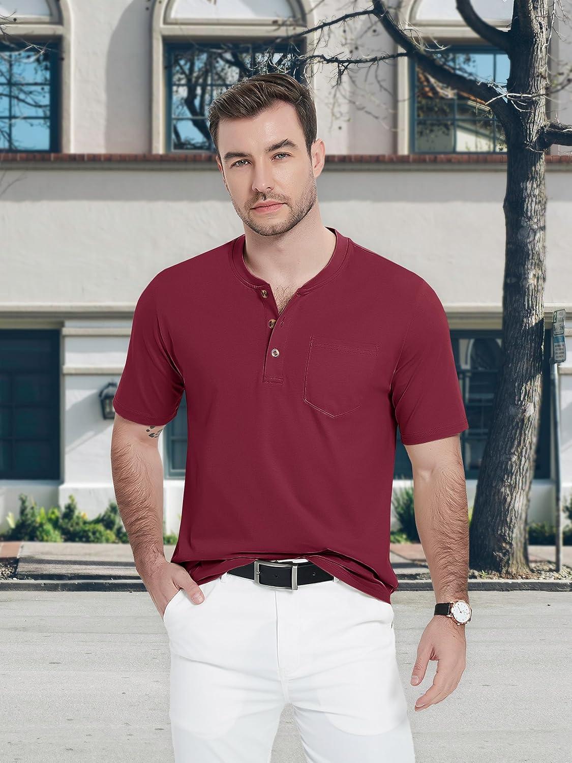 imageMAGCOMSEN Mens Henley Short Sleeve Shirt Cotton Lightweight Tee Shirts Casual Summer Basic Tees with PocketWine Red