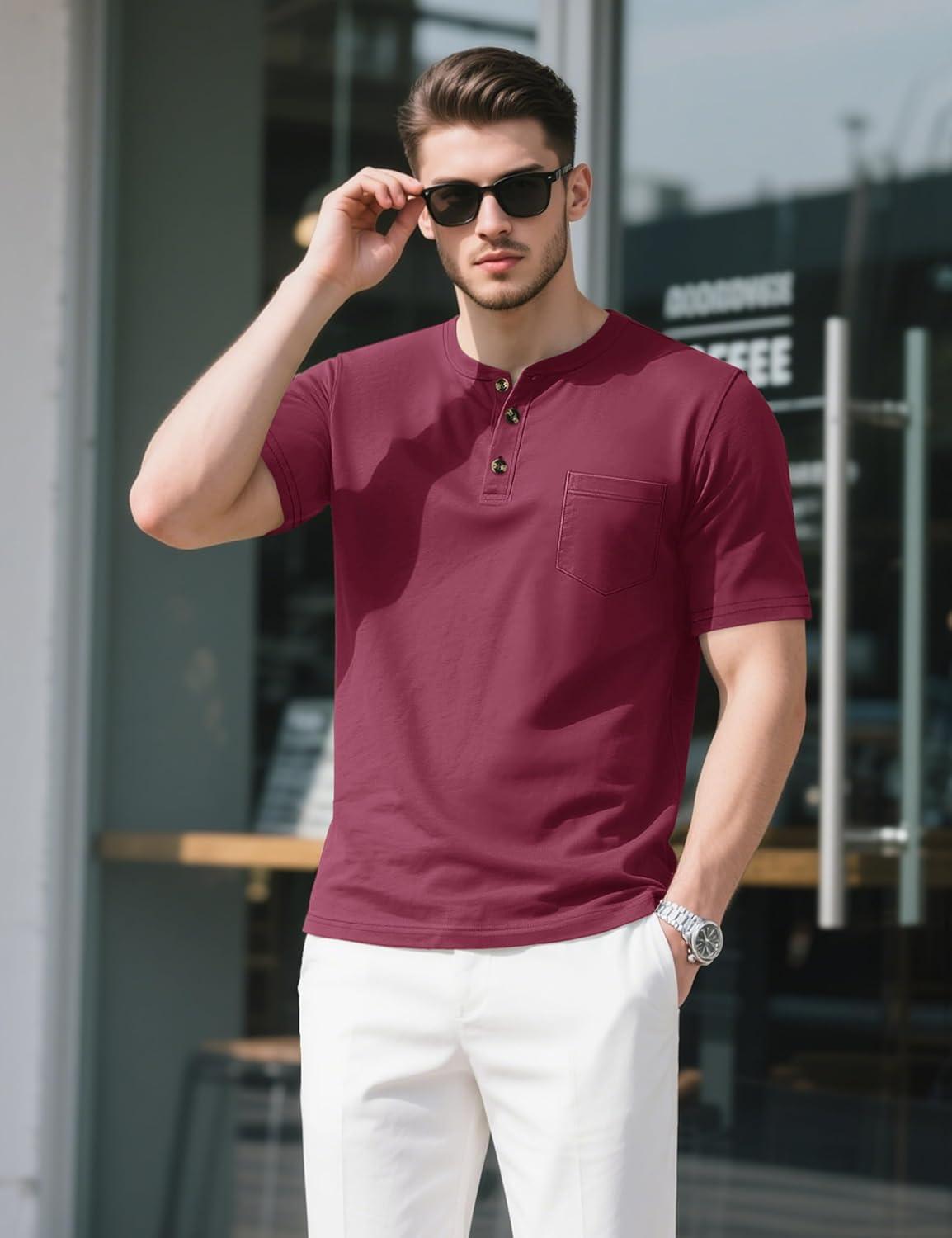 imageMAGCOMSEN Mens Henley Short Sleeve Shirt Cotton Lightweight Tee Shirts Casual Summer Basic Tees with PocketWine Red
