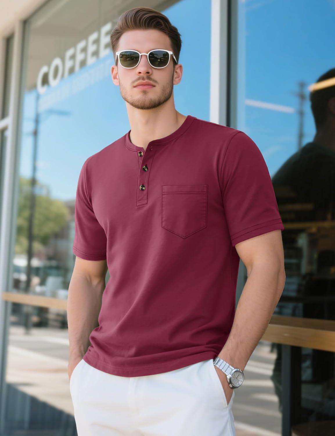 imageMAGCOMSEN Mens Henley Short Sleeve Shirt Cotton Lightweight Tee Shirts Casual Summer Basic Tees with PocketWine Red