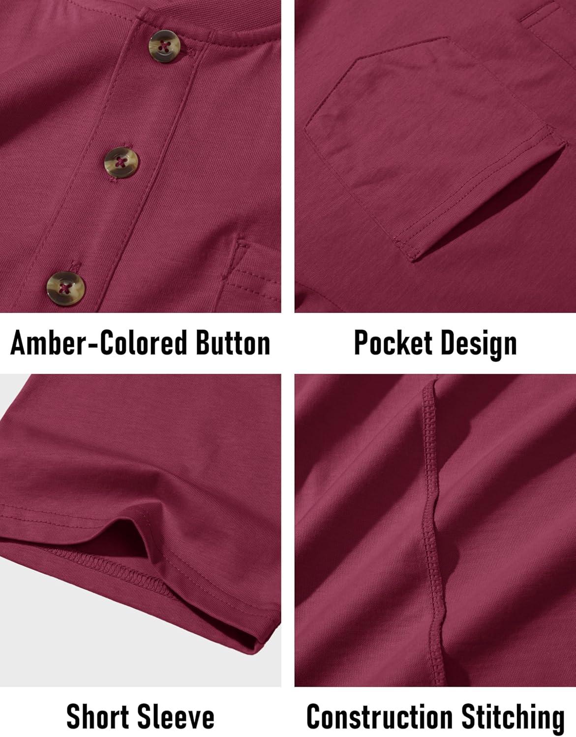 imageMAGCOMSEN Mens Henley Short Sleeve Shirt Cotton Lightweight Tee Shirts Casual Summer Basic Tees with PocketWine Red