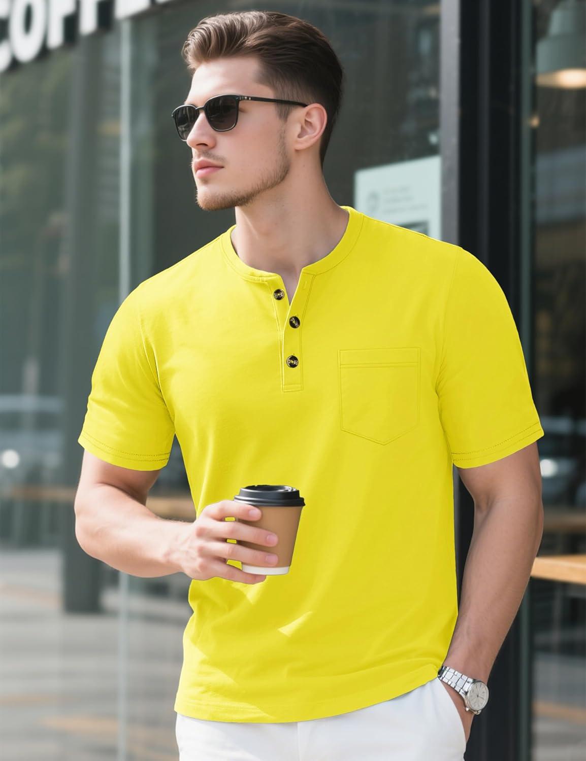 imageMAGCOMSEN Mens Henley Short Sleeve Shirt Cotton Lightweight Tee Shirts Casual Summer Basic Tees with PocketYellow