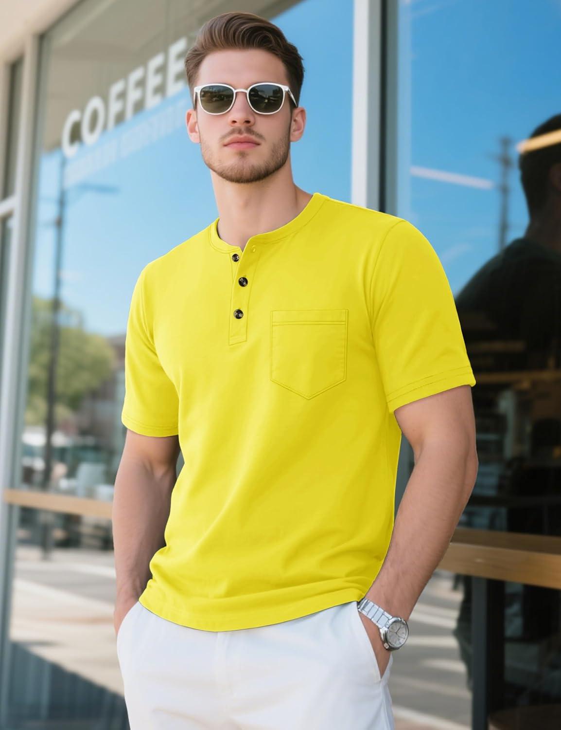 imageMAGCOMSEN Mens Henley Short Sleeve Shirt Cotton Lightweight Tee Shirts Casual Summer Basic Tees with PocketYellow