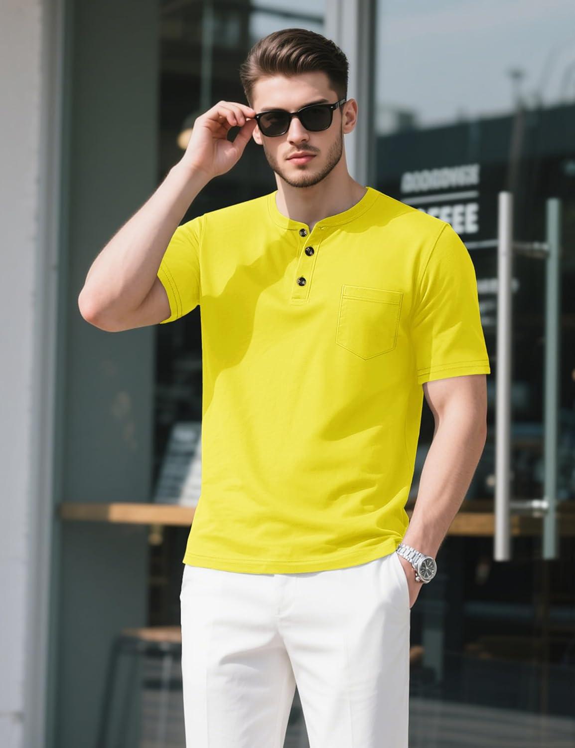 imageMAGCOMSEN Mens Henley Short Sleeve Shirt Cotton Lightweight Tee Shirts Casual Summer Basic Tees with PocketYellow
