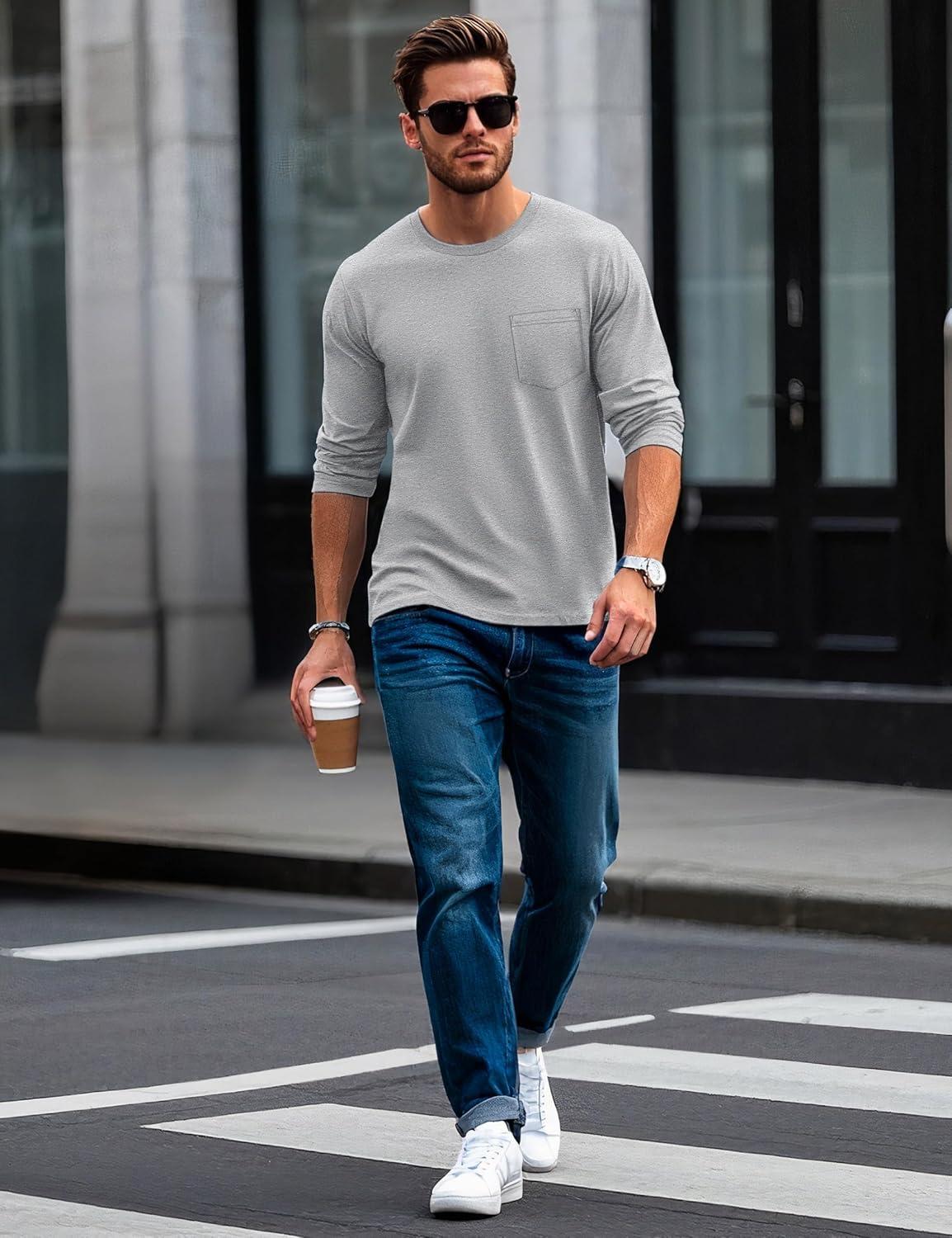 imageMAGCOMSEN Mens Long Sleeve Shirt with Pocket Cotton Crew Neck Shirts Casual Lightweight TShirt04light Grey