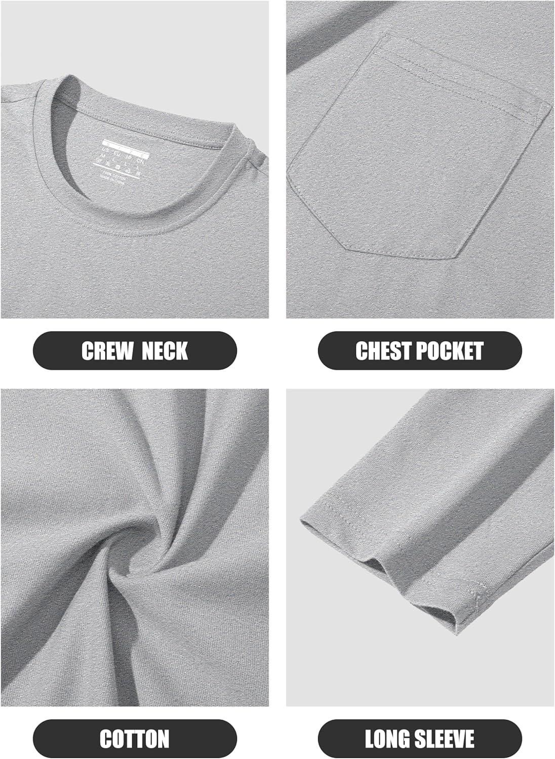 imageMAGCOMSEN Mens Long Sleeve Shirt with Pocket Cotton Crew Neck Shirts Casual Lightweight TShirt04light Grey