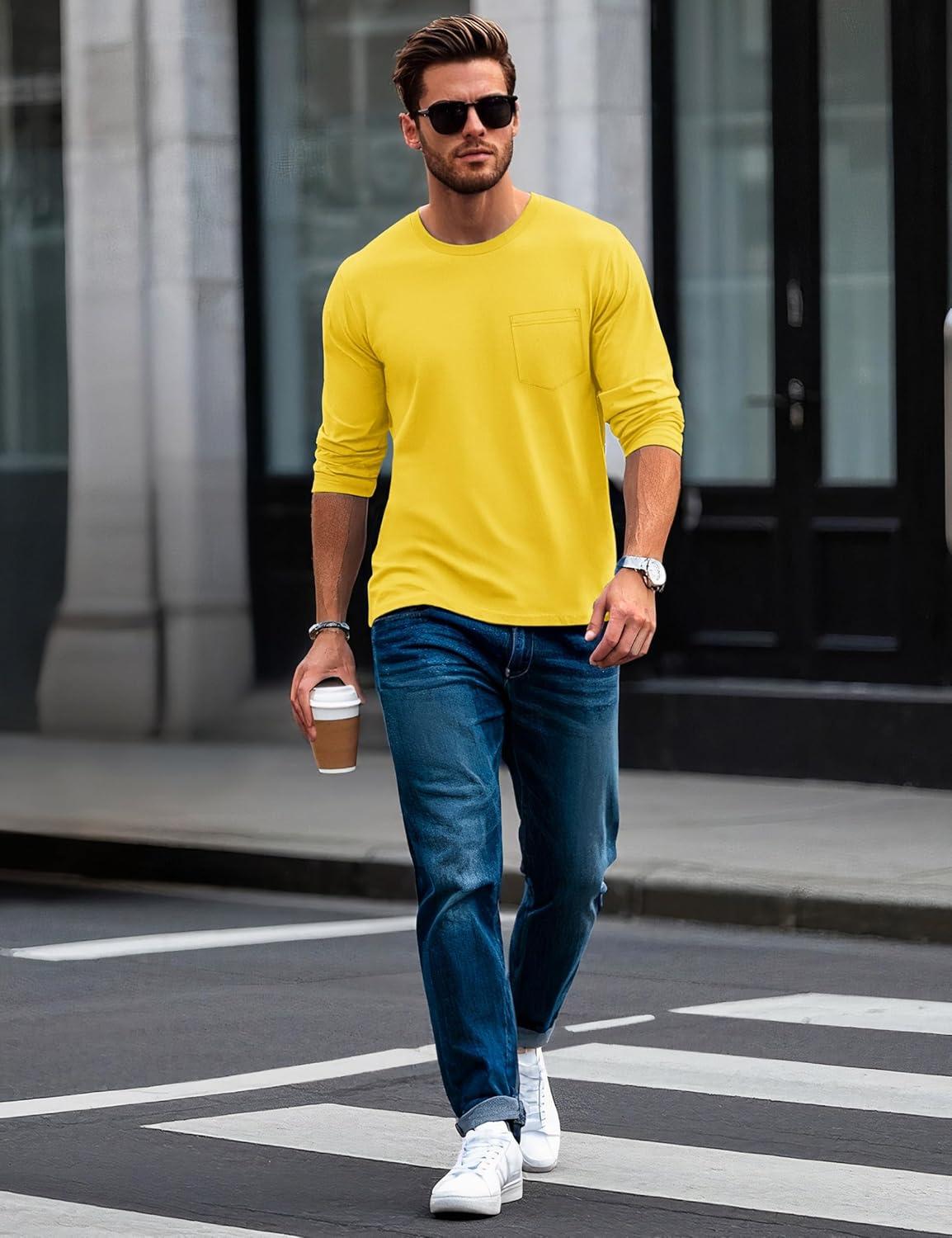 imageMAGCOMSEN Mens Long Sleeve Shirt with Pocket Cotton Crew Neck Shirts Casual Lightweight TShirt05yellow