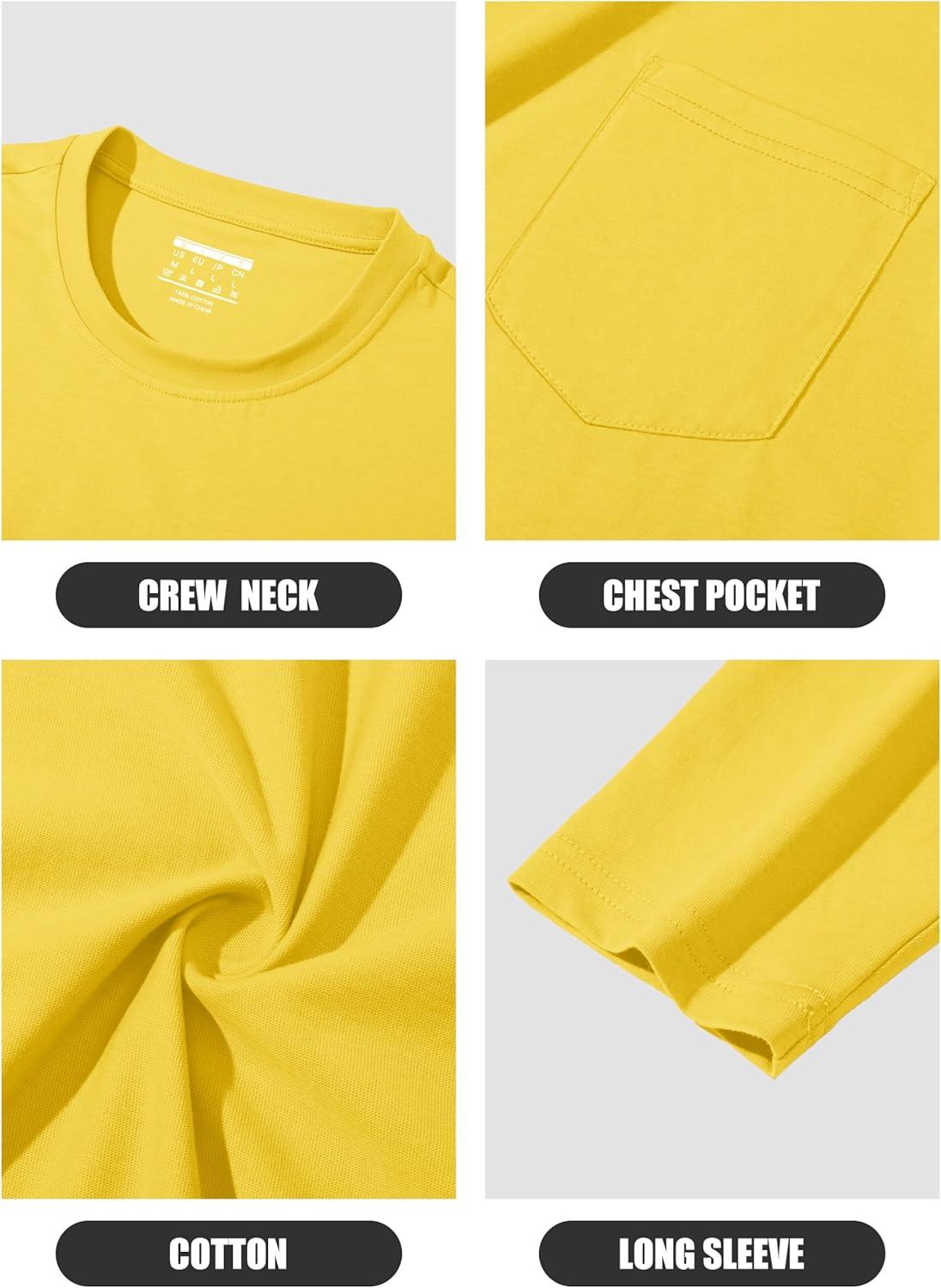 imageMAGCOMSEN Mens Long Sleeve Shirt with Pocket Cotton Crew Neck Shirts Casual Lightweight TShirt05yellow