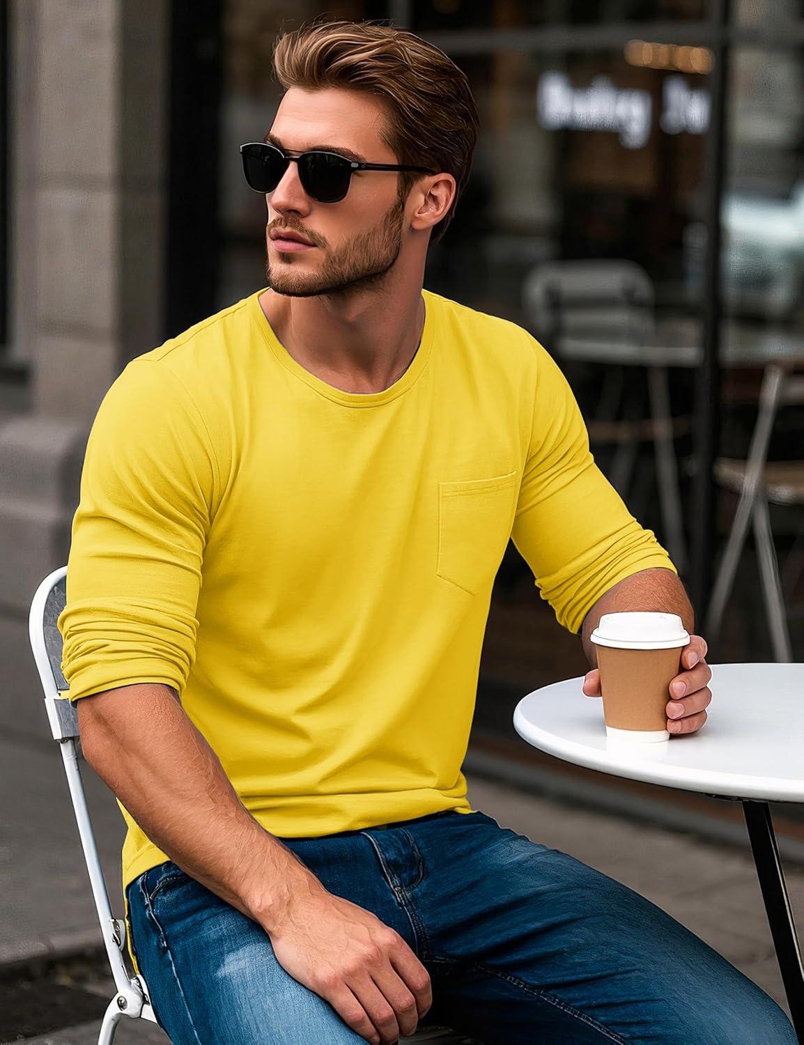 imageMAGCOMSEN Mens Long Sleeve Shirt with Pocket Cotton Crew Neck Shirts Casual Lightweight TShirt05yellow