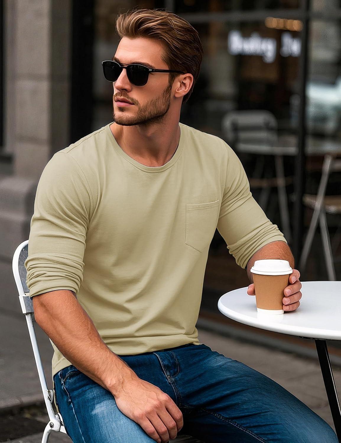 imageMAGCOMSEN Mens Long Sleeve Shirt with Pocket Cotton Crew Neck Shirts Casual Lightweight TShirt08khaki