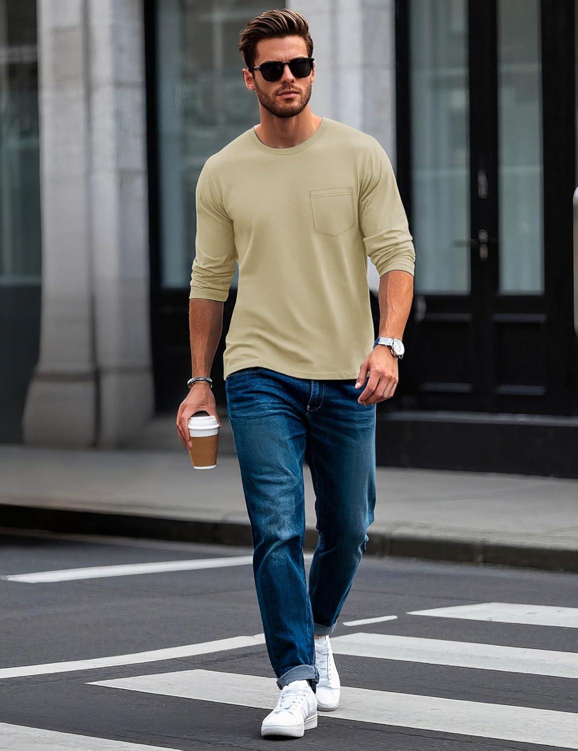 imageMAGCOMSEN Mens Long Sleeve Shirt with Pocket Cotton Crew Neck Shirts Casual Lightweight TShirt08khaki