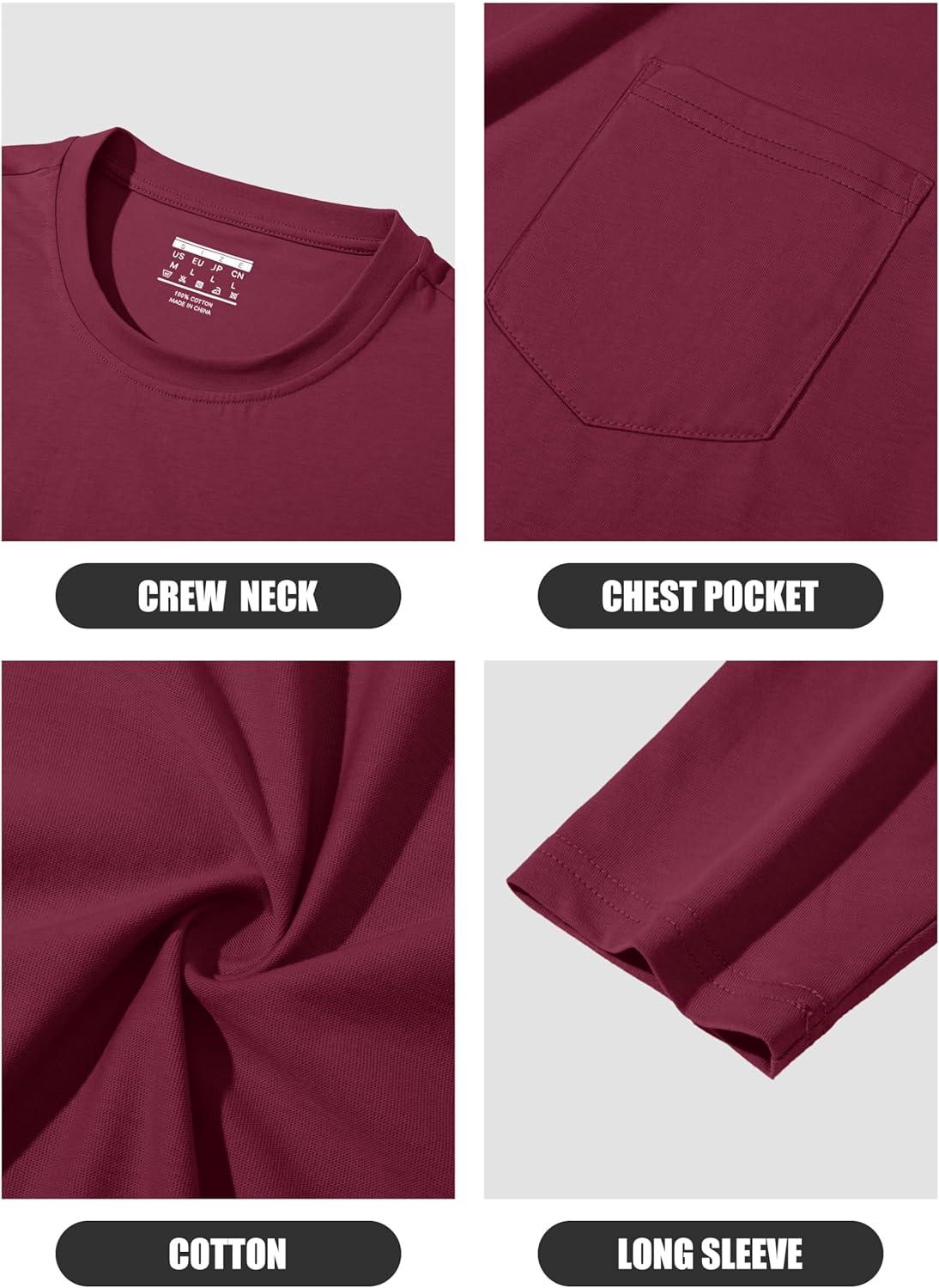 imageMAGCOMSEN Mens Long Sleeve Shirt with Pocket Cotton Crew Neck Shirts Casual Lightweight TShirt09wine Red