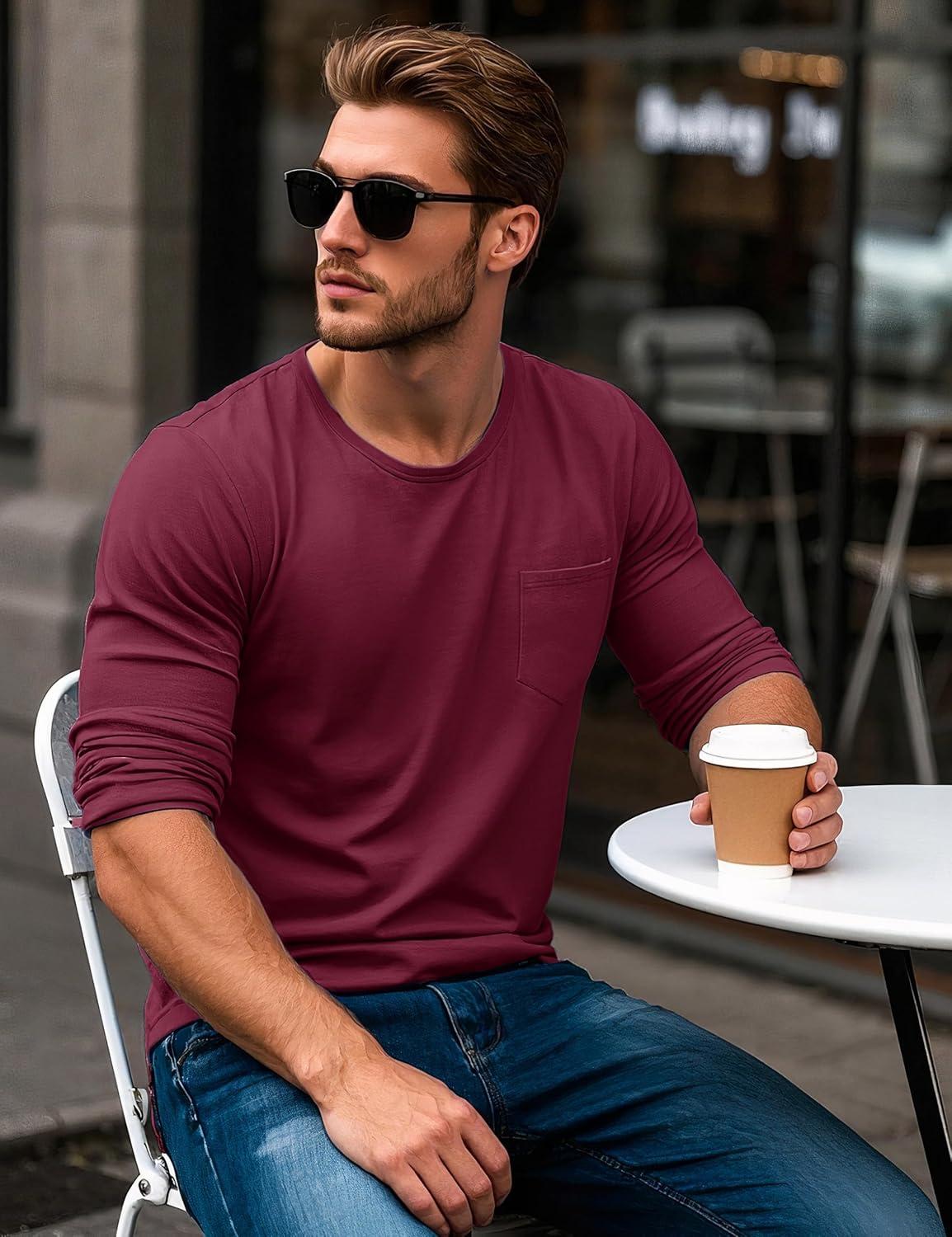 imageMAGCOMSEN Mens Long Sleeve Shirt with Pocket Cotton Crew Neck Shirts Casual Lightweight TShirt09wine Red