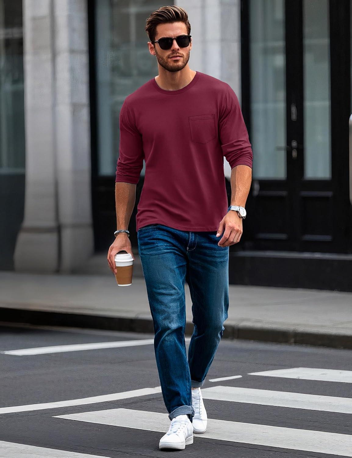 imageMAGCOMSEN Mens Long Sleeve Shirt with Pocket Cotton Crew Neck Shirts Casual Lightweight TShirt09wine Red
