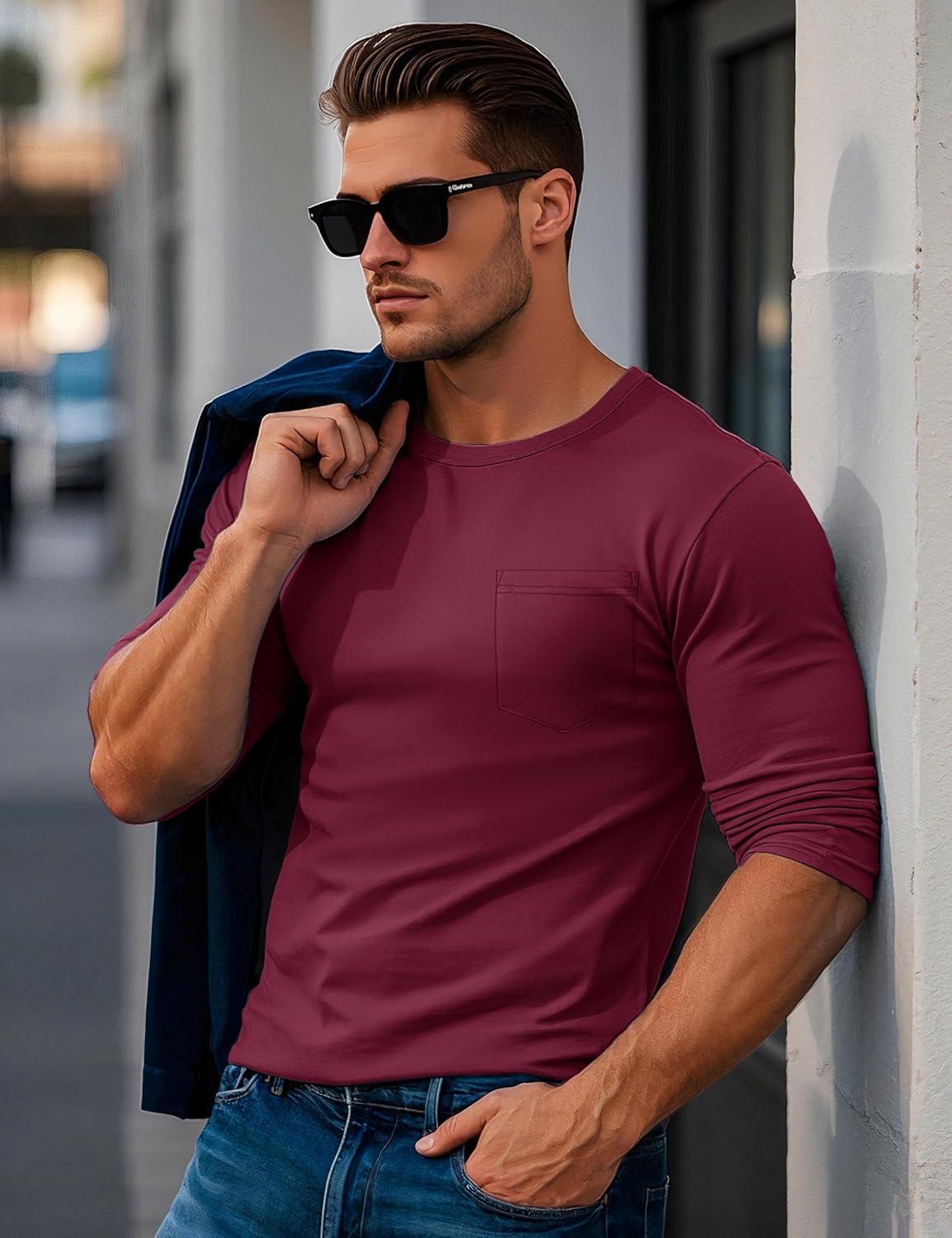 imageMAGCOMSEN Mens Long Sleeve Shirt with Pocket Cotton Crew Neck Shirts Casual Lightweight TShirt09wine Red