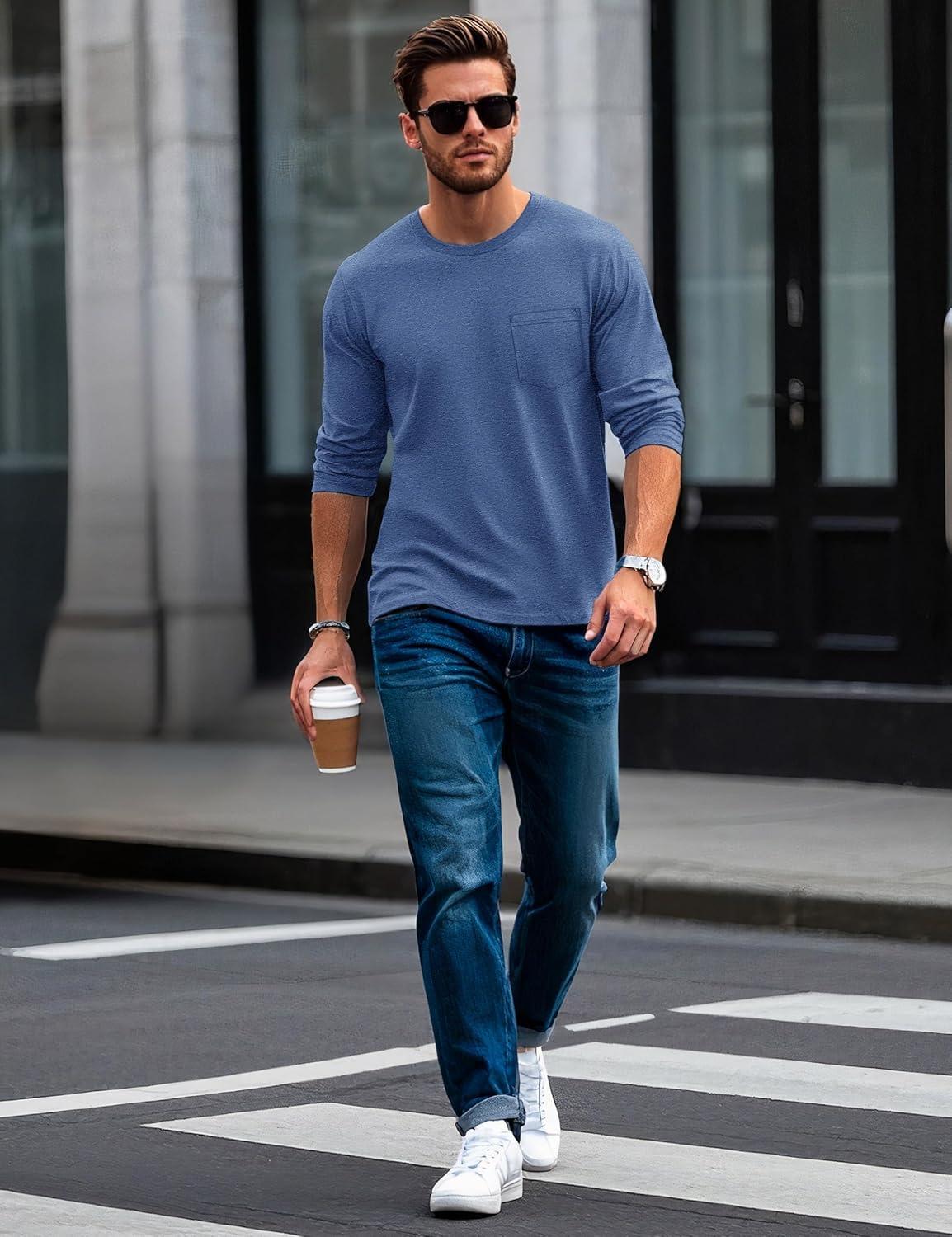 imageMAGCOMSEN Mens Long Sleeve Shirt with Pocket Cotton Crew Neck Shirts Casual Lightweight TShirt10grey Blue