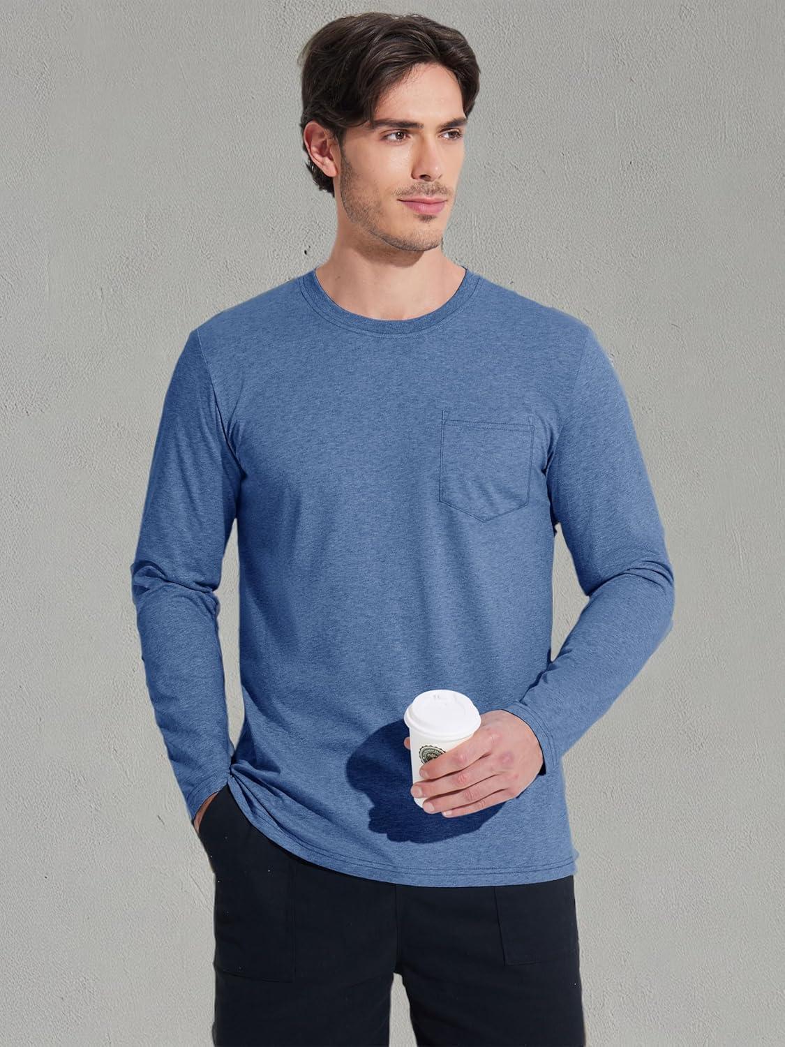 imageMAGCOMSEN Mens Long Sleeve Shirt with Pocket Cotton Crew Neck Shirts Casual Lightweight TShirt10grey Blue