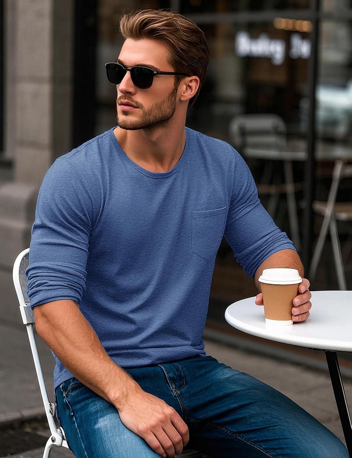 imageMAGCOMSEN Mens Long Sleeve Shirt with Pocket Cotton Crew Neck Shirts Casual Lightweight TShirt10grey Blue