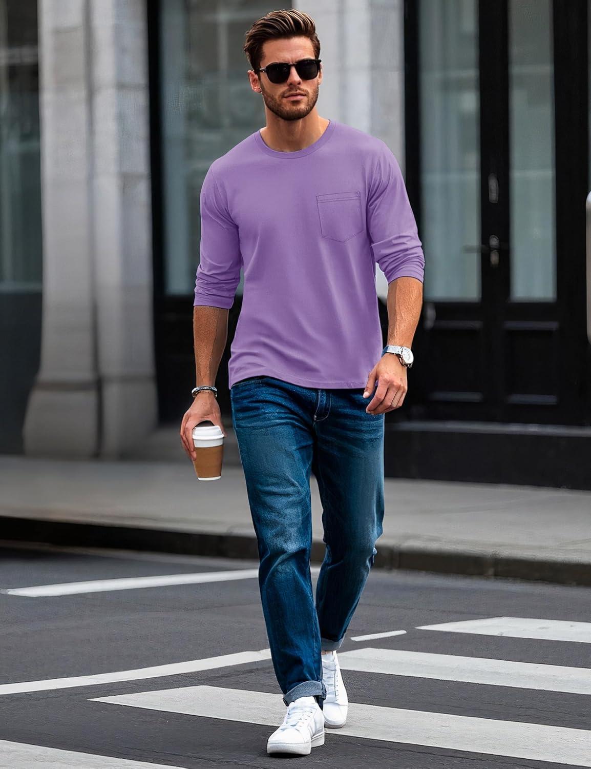 imageMAGCOMSEN Mens Long Sleeve Shirt with Pocket Cotton Crew Neck Shirts Casual Lightweight TShirt12light Purple