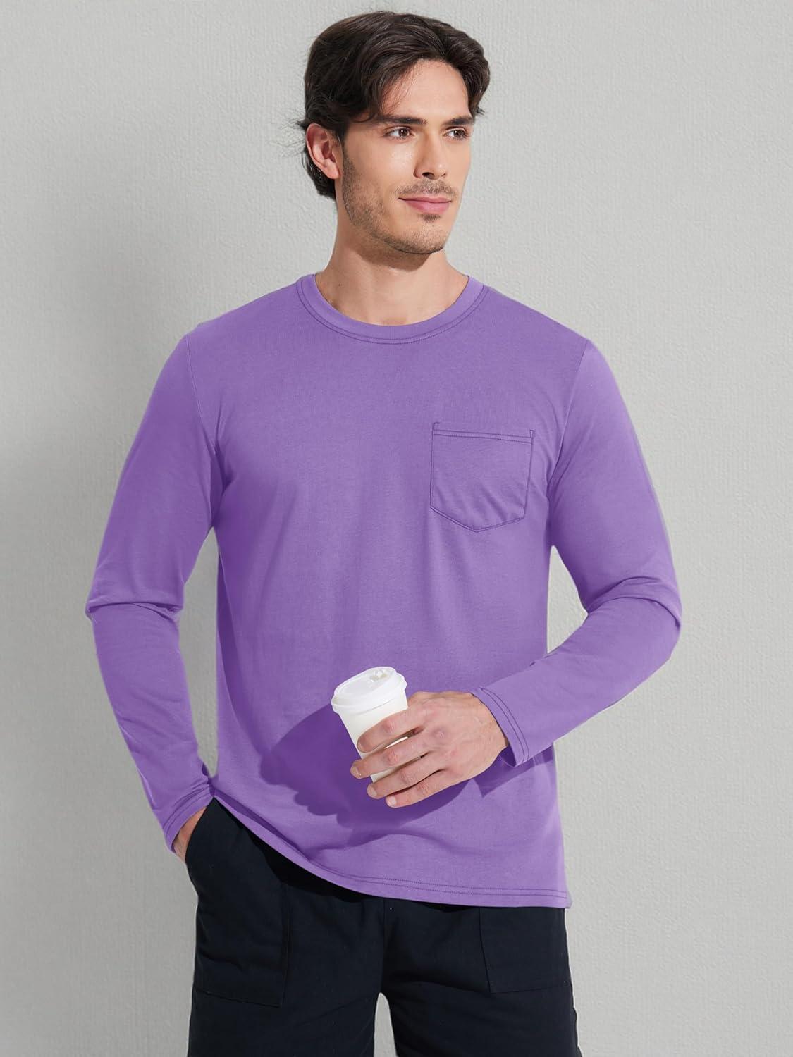 imageMAGCOMSEN Mens Long Sleeve Shirt with Pocket Cotton Crew Neck Shirts Casual Lightweight TShirt12light Purple