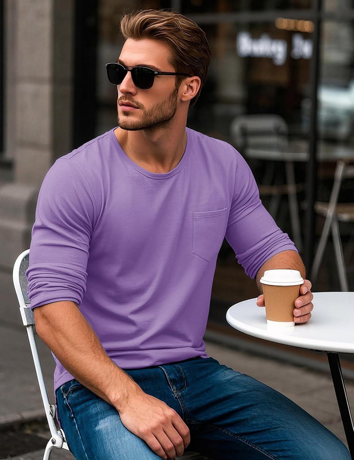 imageMAGCOMSEN Mens Long Sleeve Shirt with Pocket Cotton Crew Neck Shirts Casual Lightweight TShirt12light Purple