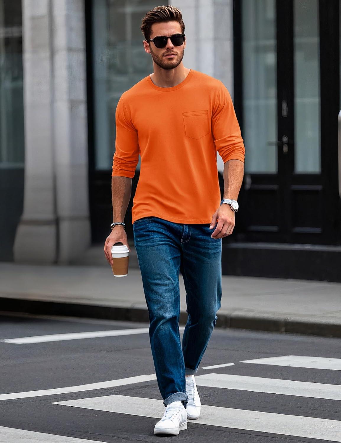 imageMAGCOMSEN Mens Long Sleeve Shirt with Pocket Cotton Crew Neck Shirts Casual Lightweight TShirt13orange