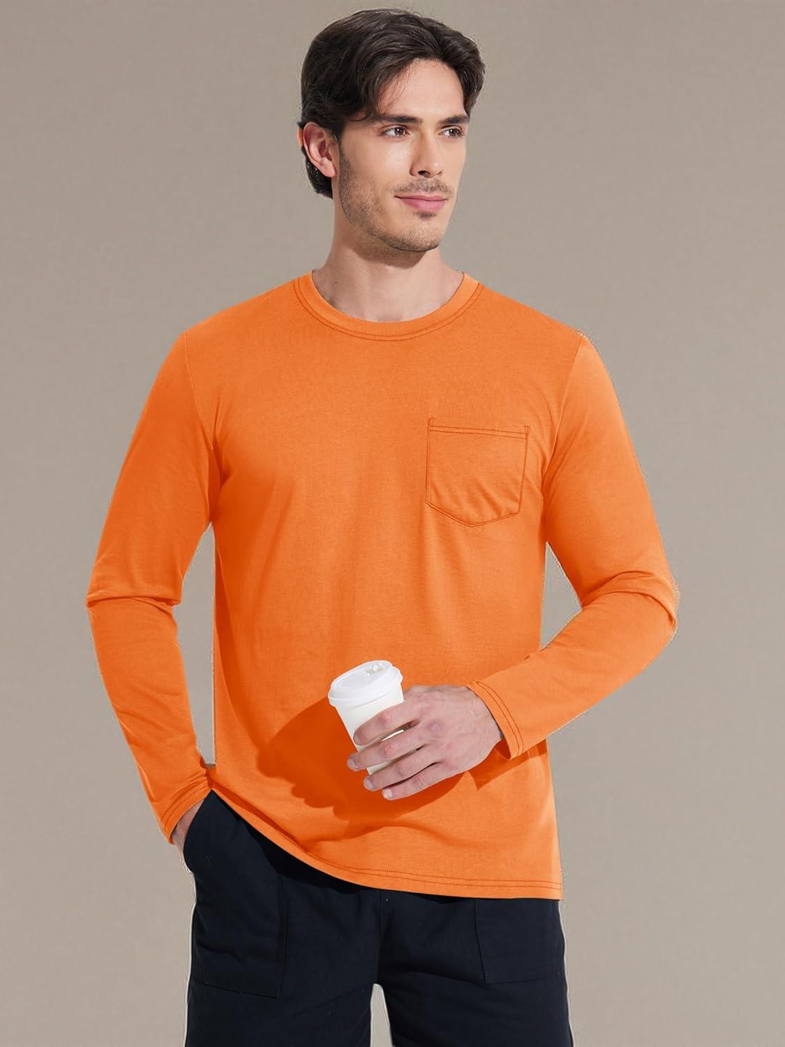 imageMAGCOMSEN Mens Long Sleeve Shirt with Pocket Cotton Crew Neck Shirts Casual Lightweight TShirt13orange