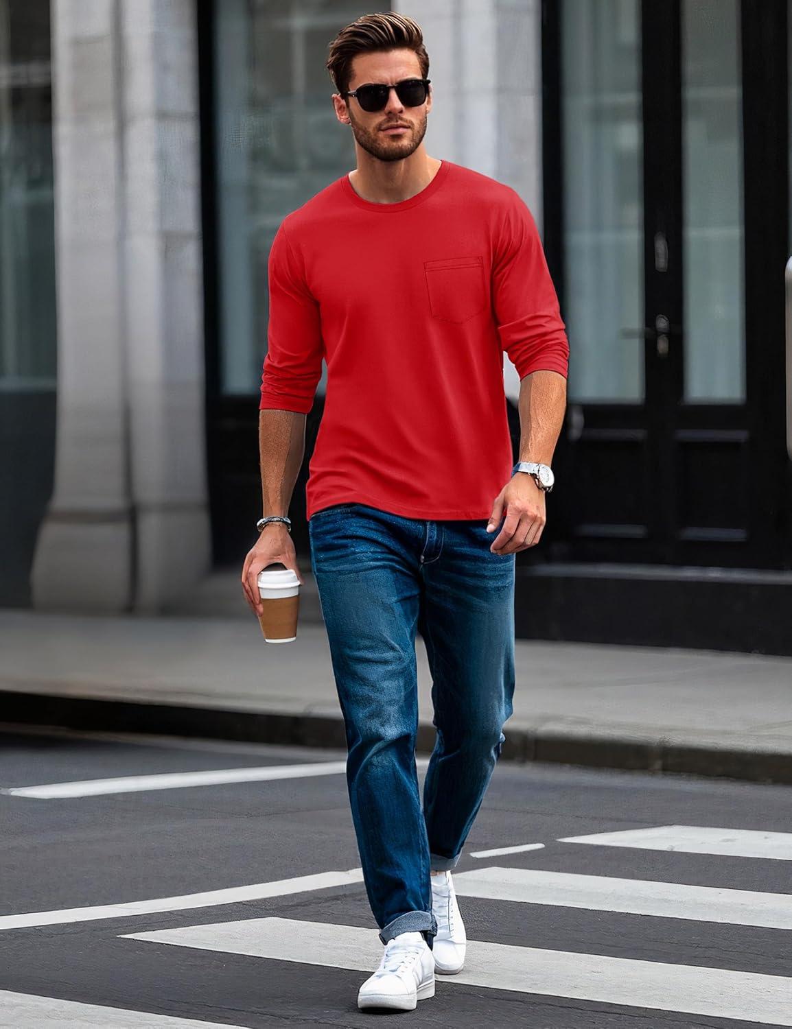 imageMAGCOMSEN Mens Long Sleeve Shirt with Pocket Cotton Crew Neck Shirts Casual Lightweight TShirt15red