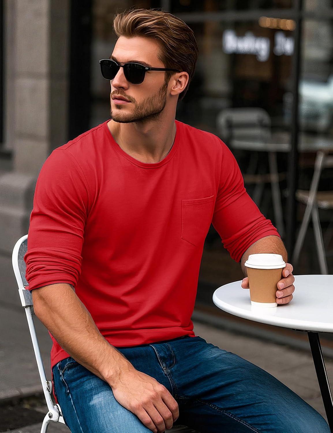imageMAGCOMSEN Mens Long Sleeve Shirt with Pocket Cotton Crew Neck Shirts Casual Lightweight TShirt15red
