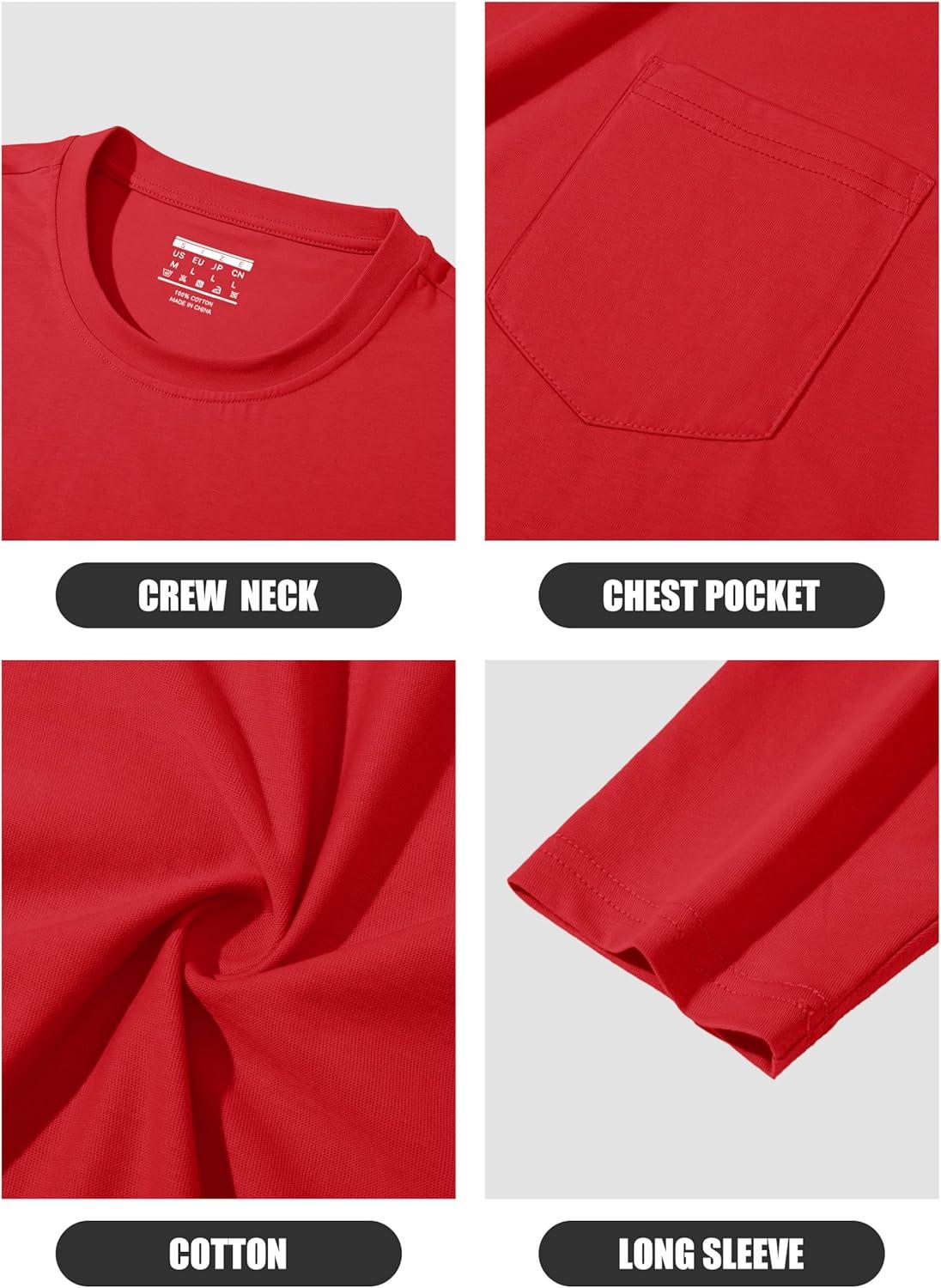 imageMAGCOMSEN Mens Long Sleeve Shirt with Pocket Cotton Crew Neck Shirts Casual Lightweight TShirt15red