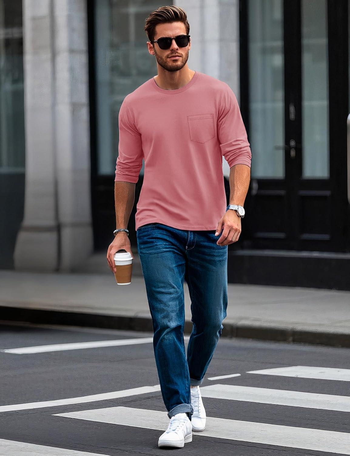 imageMAGCOMSEN Mens Long Sleeve Shirt with Pocket Cotton Crew Neck Shirts Casual Lightweight TShirt16grey Pink