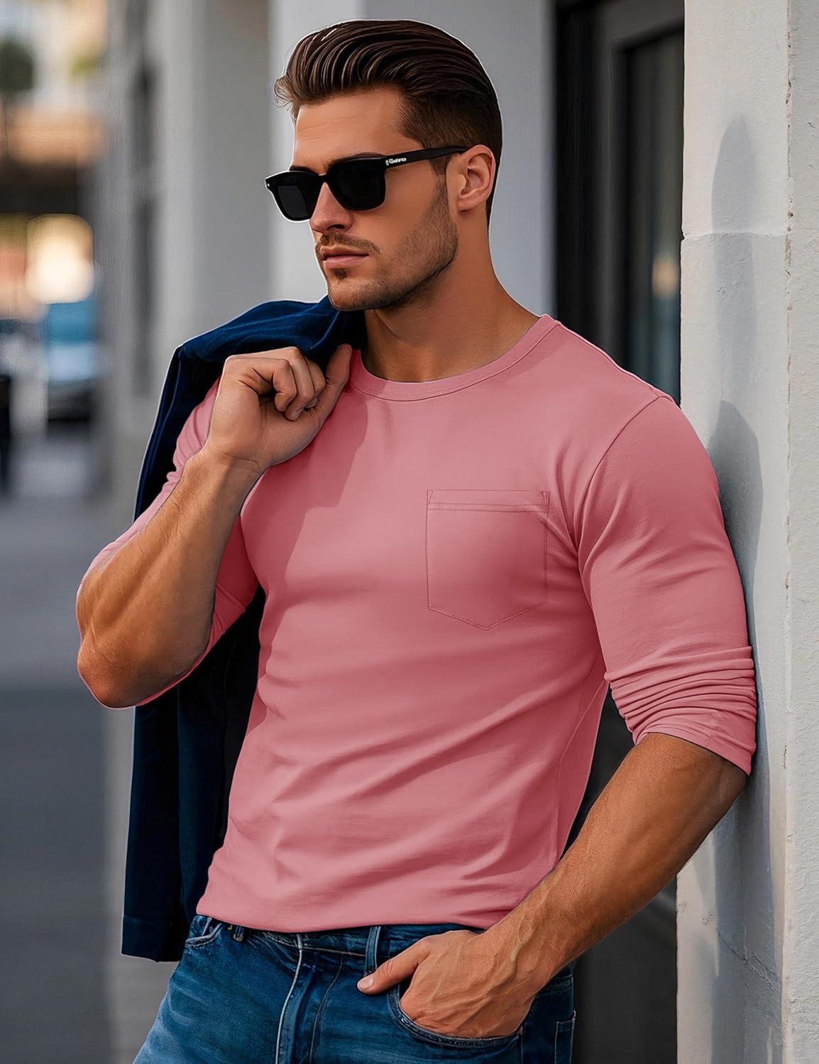 imageMAGCOMSEN Mens Long Sleeve Shirt with Pocket Cotton Crew Neck Shirts Casual Lightweight TShirt16grey Pink