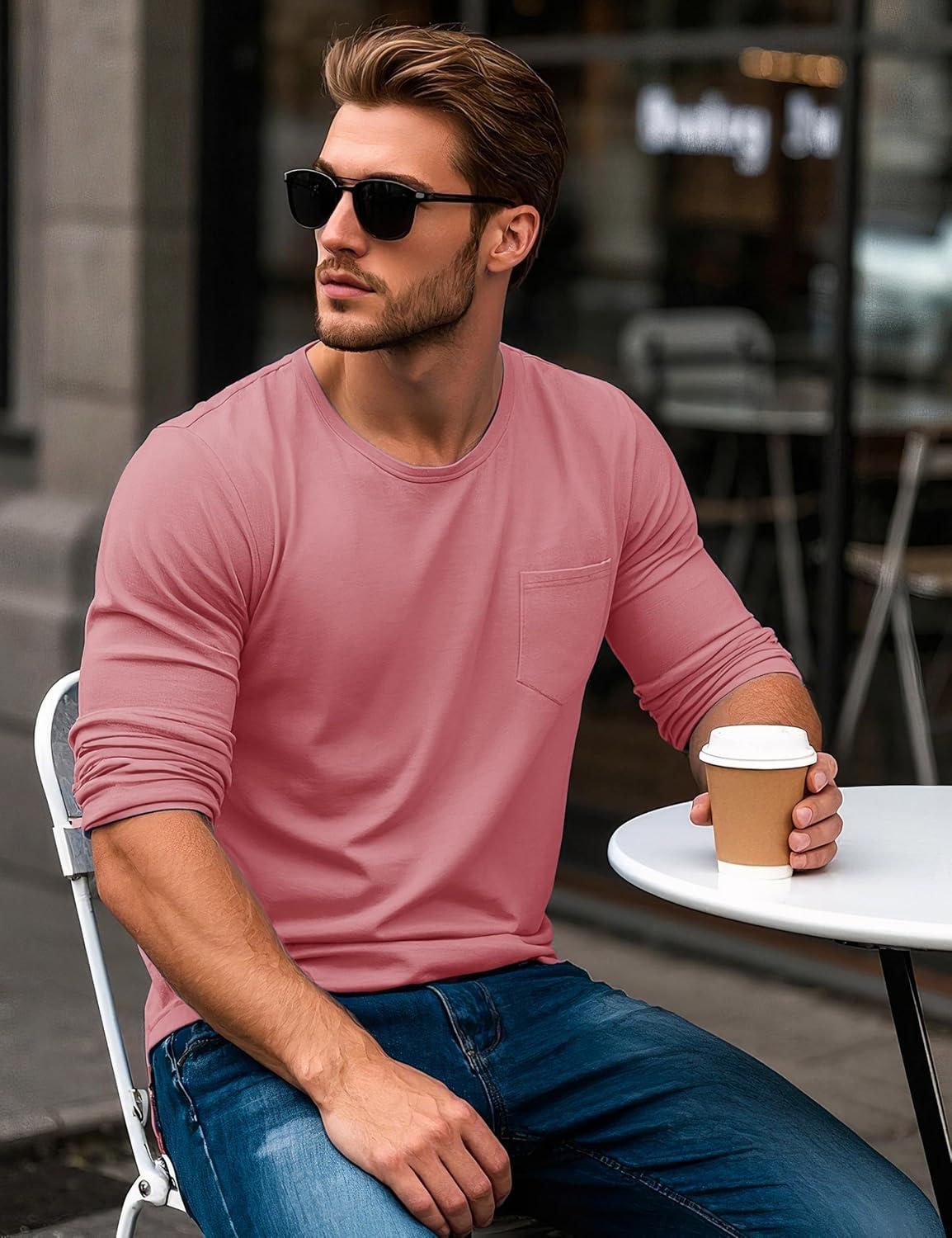 imageMAGCOMSEN Mens Long Sleeve Shirt with Pocket Cotton Crew Neck Shirts Casual Lightweight TShirt16grey Pink