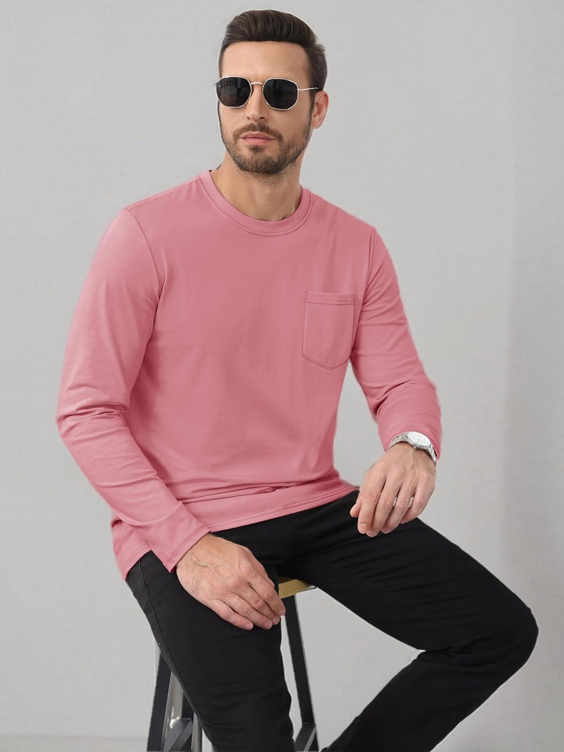 imageMAGCOMSEN Mens Long Sleeve Shirt with Pocket Cotton Crew Neck Shirts Casual Lightweight TShirt16grey Pink