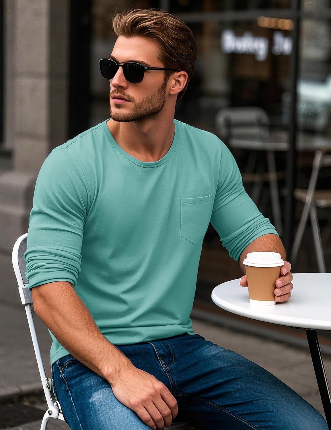 imageMAGCOMSEN Mens Long Sleeve Shirt with Pocket Cotton Crew Neck Shirts Casual Lightweight TShirt17grey Green