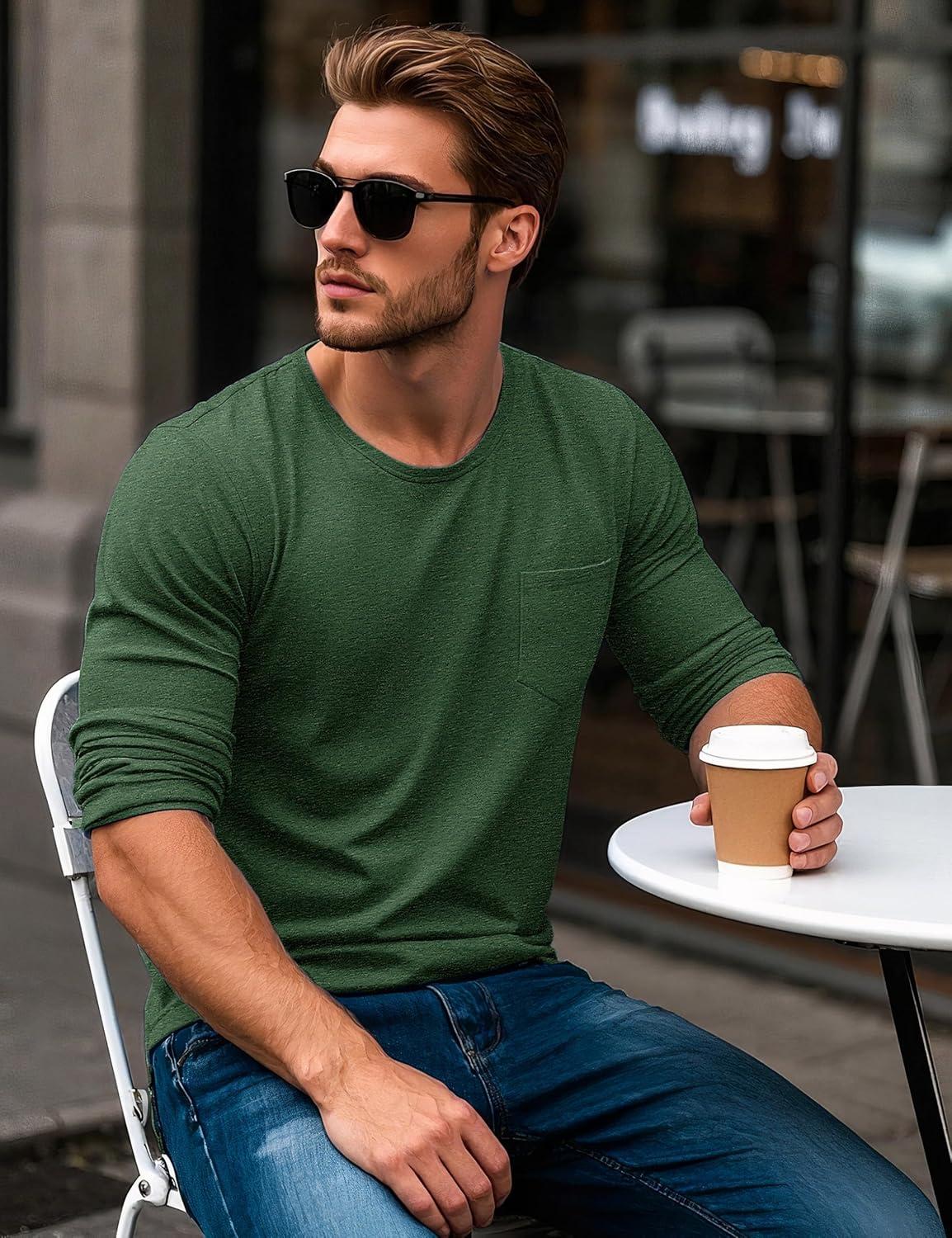 imageMAGCOMSEN Mens Long Sleeve Shirt with Pocket Cotton Crew Neck Shirts Casual Lightweight TShirt18dark Green