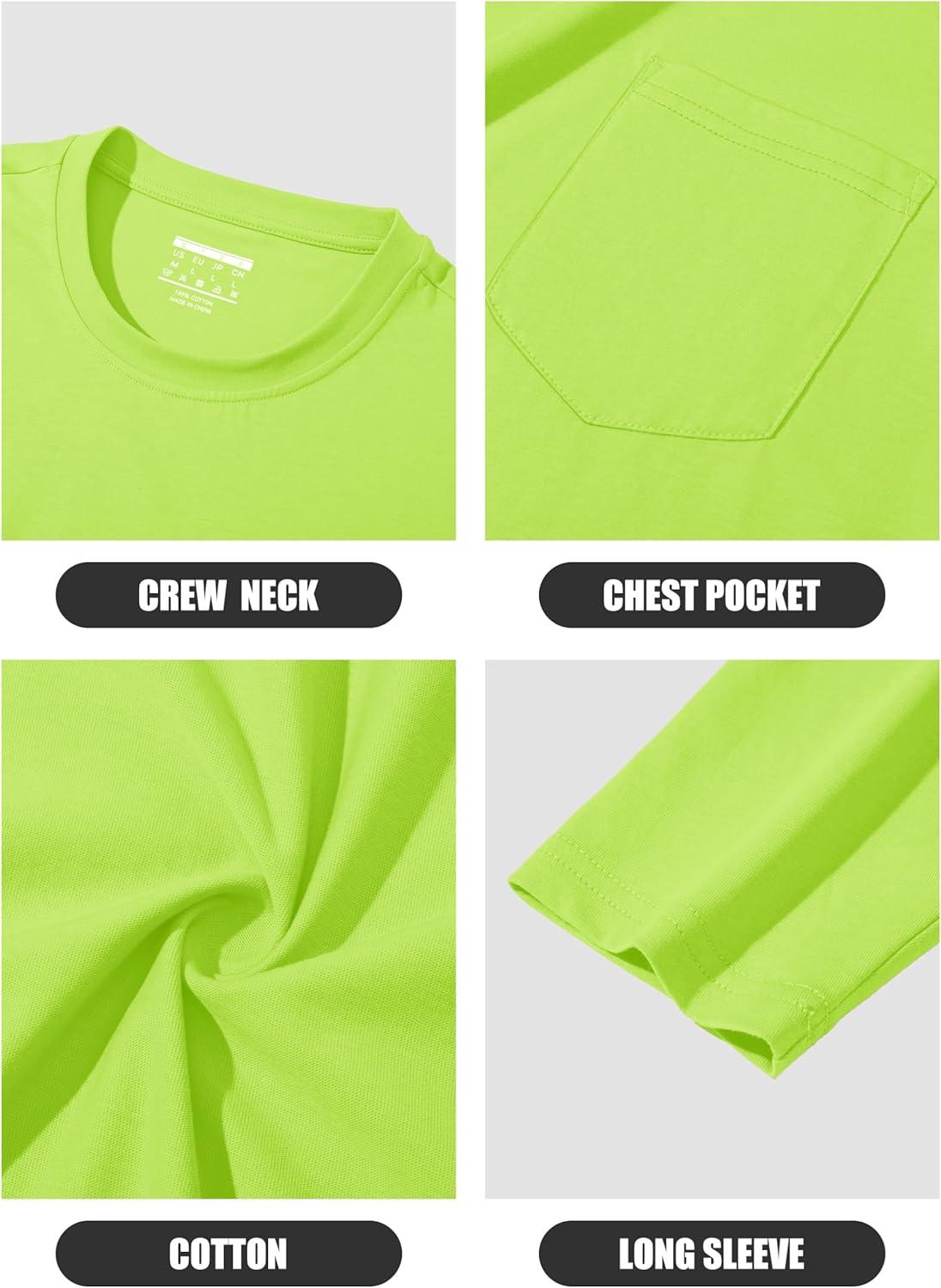 imageMAGCOMSEN Mens Long Sleeve Shirt with Pocket Cotton Crew Neck Shirts Casual Lightweight TShirt20fluorescent Green
