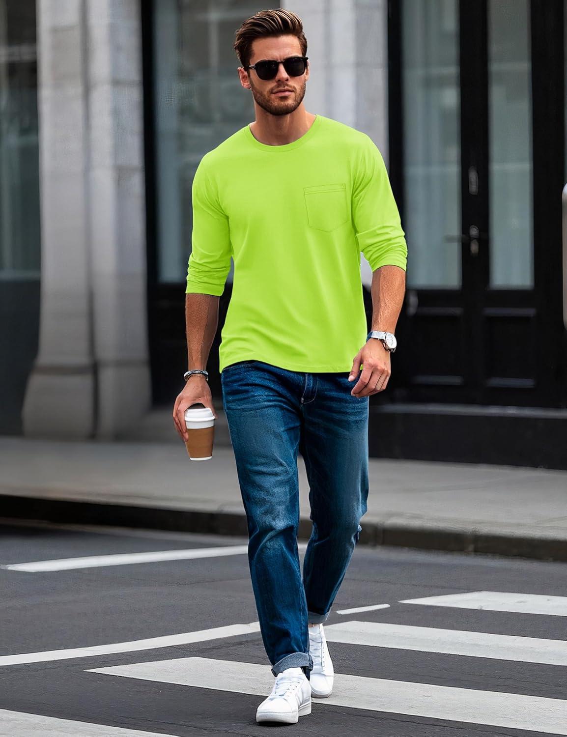 imageMAGCOMSEN Mens Long Sleeve Shirt with Pocket Cotton Crew Neck Shirts Casual Lightweight TShirt20fluorescent Green