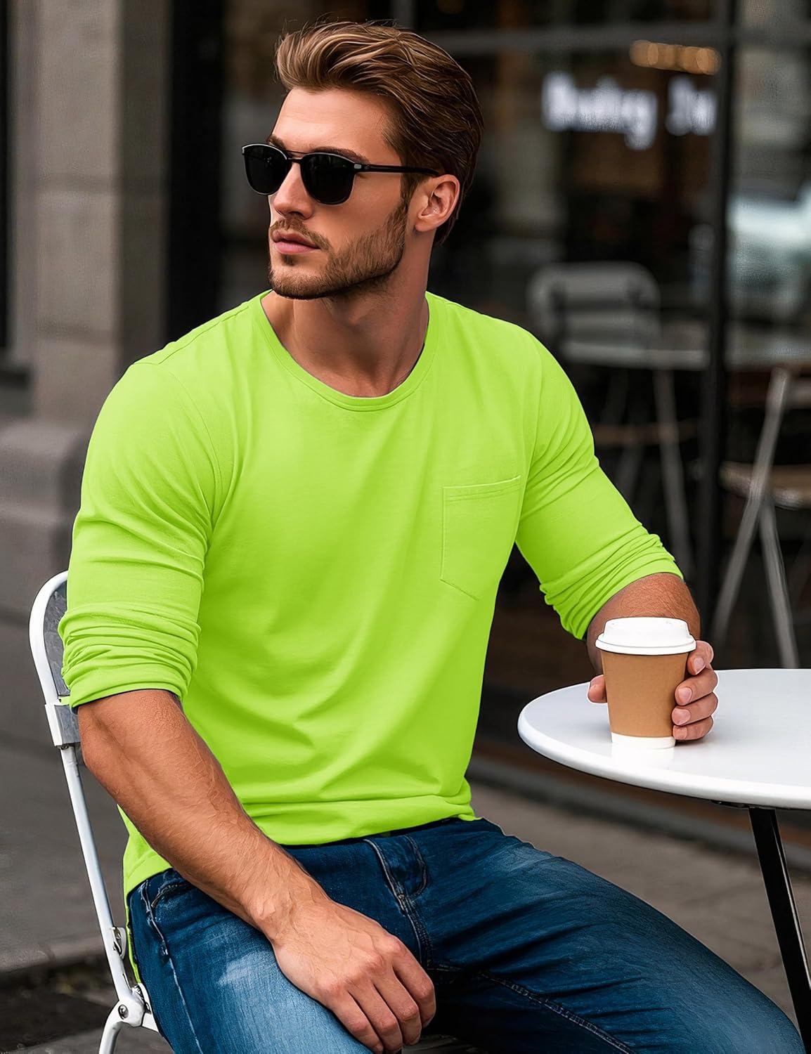 imageMAGCOMSEN Mens Long Sleeve Shirt with Pocket Cotton Crew Neck Shirts Casual Lightweight TShirt20fluorescent Green