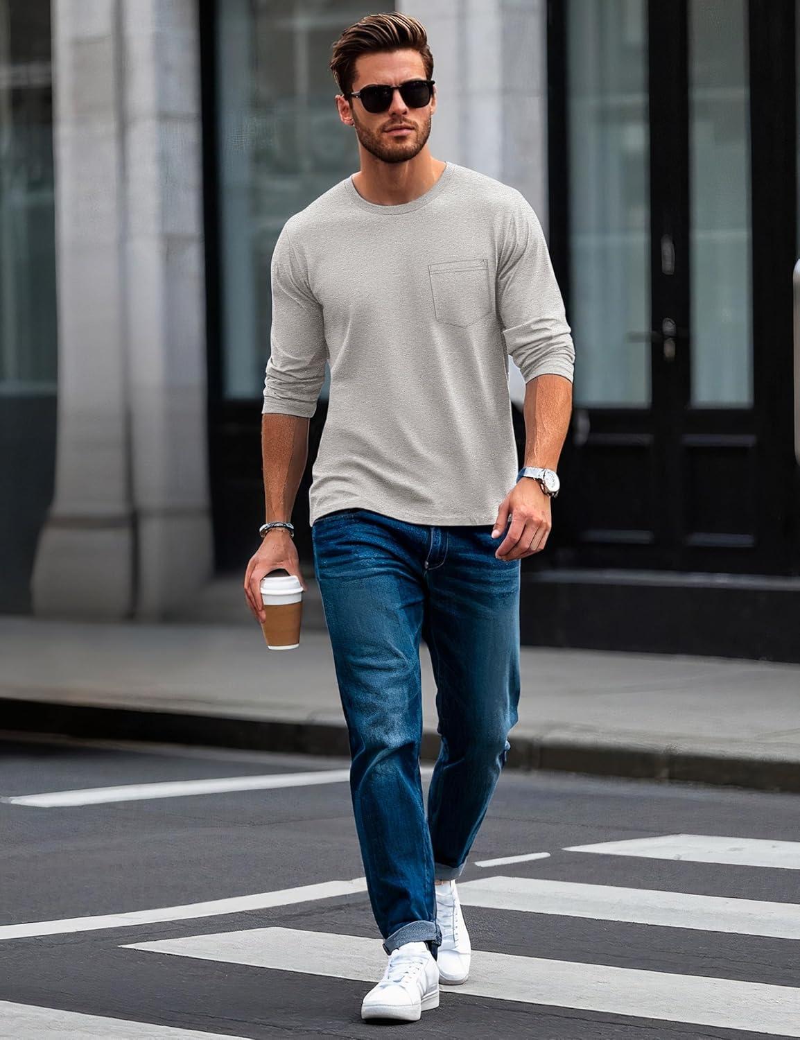 imageMAGCOMSEN Mens Long Sleeve Shirt with Pocket Cotton Crew Neck Shirts Casual Lightweight TShirt21beige