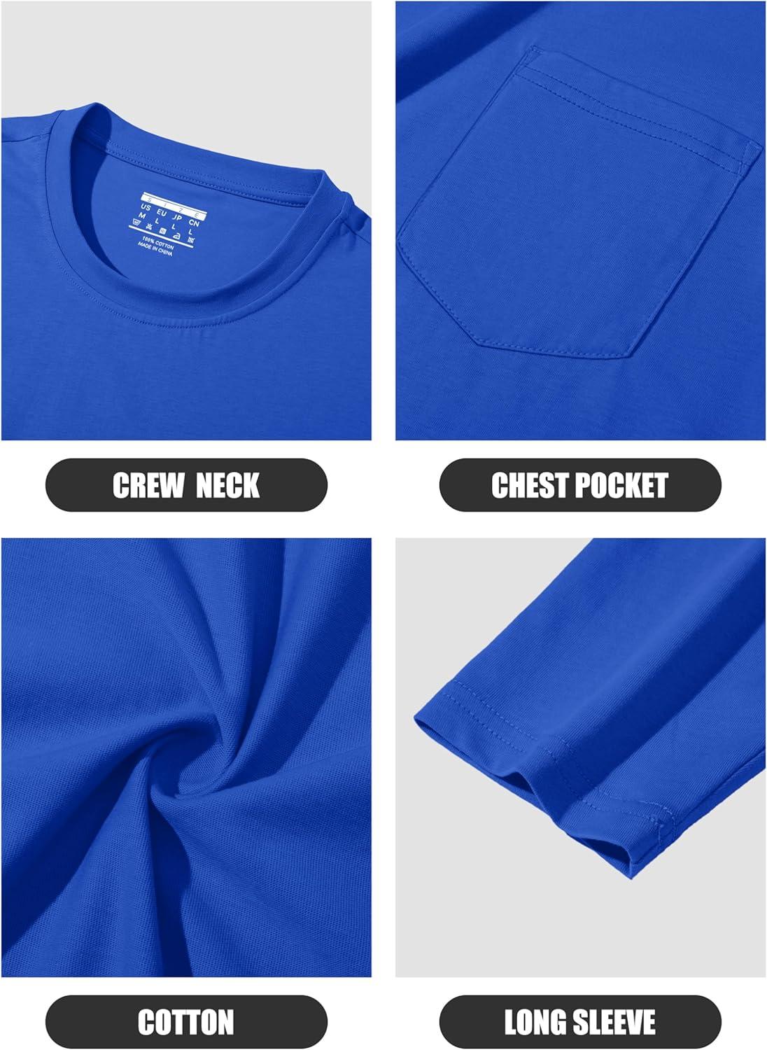 imageMAGCOMSEN Mens Long Sleeve Shirt with Pocket Cotton Crew Neck Shirts Casual Lightweight TShirt22color Blue
