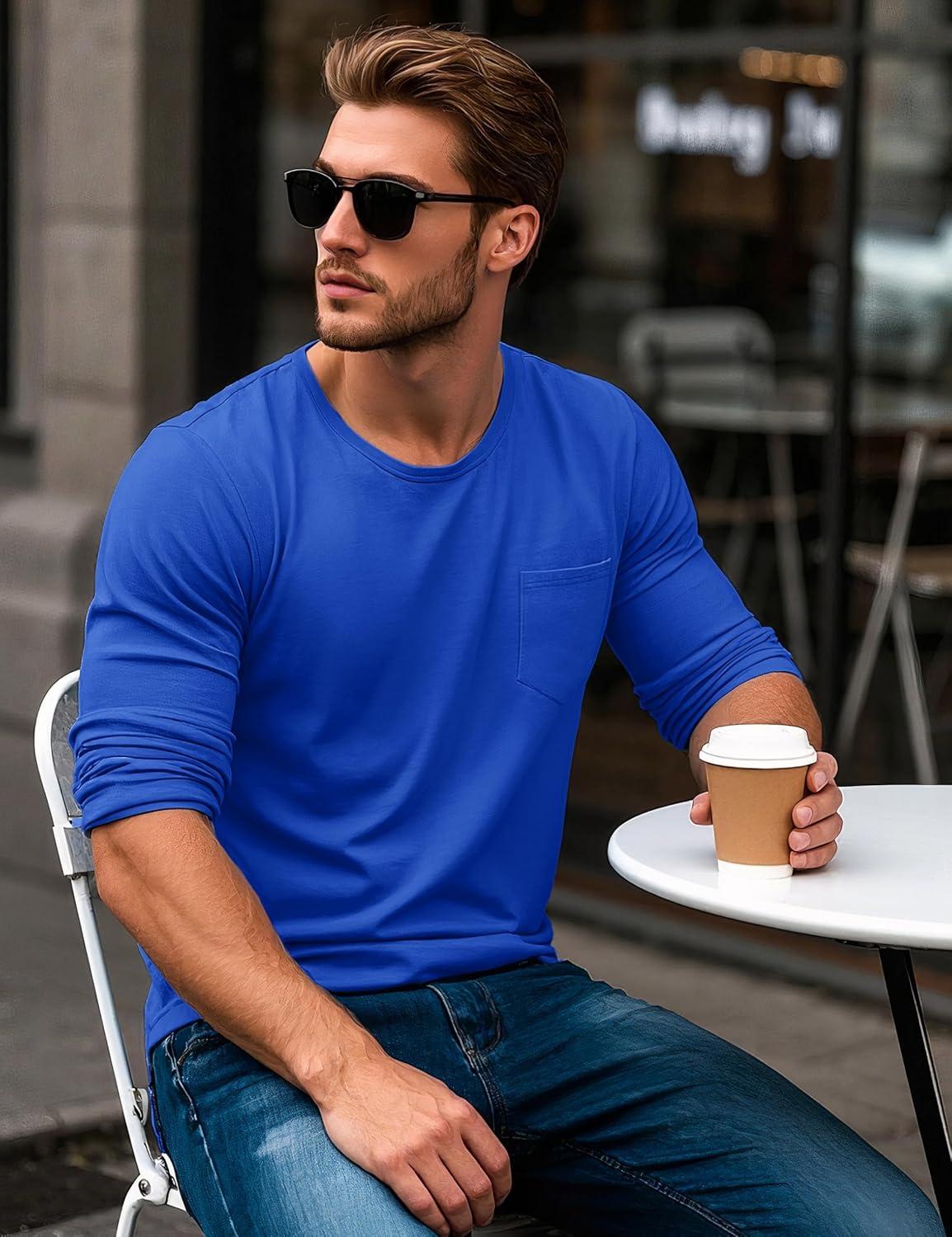 imageMAGCOMSEN Mens Long Sleeve Shirt with Pocket Cotton Crew Neck Shirts Casual Lightweight TShirt22color Blue