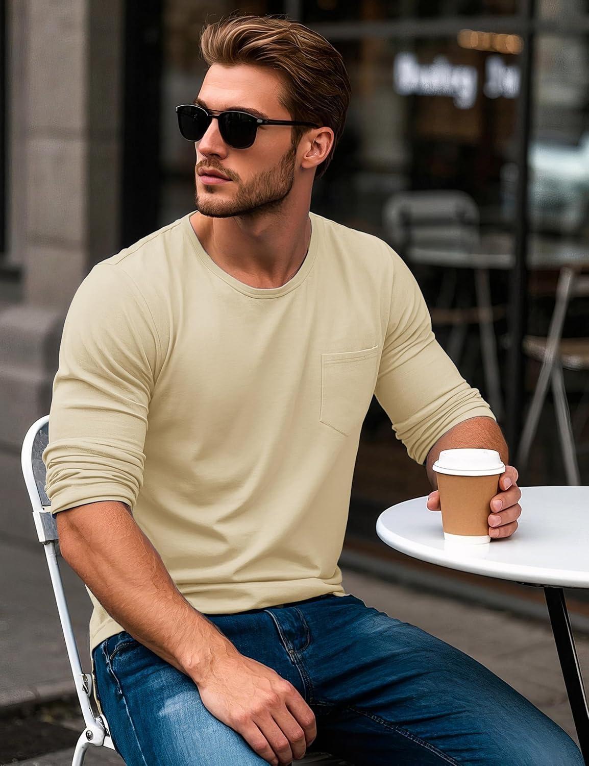 imageMAGCOMSEN Mens Long Sleeve Shirt with Pocket Cotton Crew Neck Shirts Casual Lightweight TShirt23apricot
