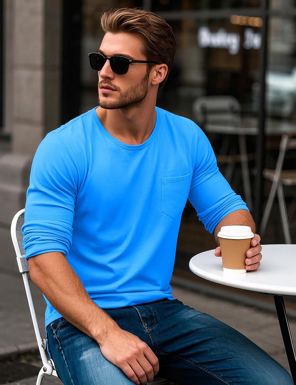 imageMAGCOMSEN Mens Long Sleeve Shirt with Pocket Cotton Crew Neck Shirts Casual Lightweight TShirt25azure