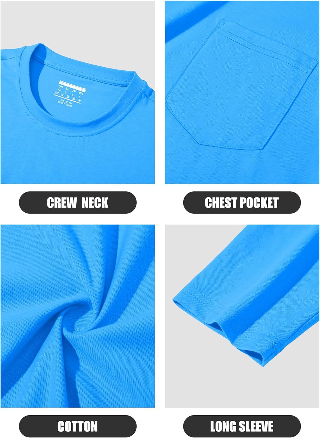 imageMAGCOMSEN Mens Long Sleeve Shirt with Pocket Cotton Crew Neck Shirts Casual Lightweight TShirt25azure