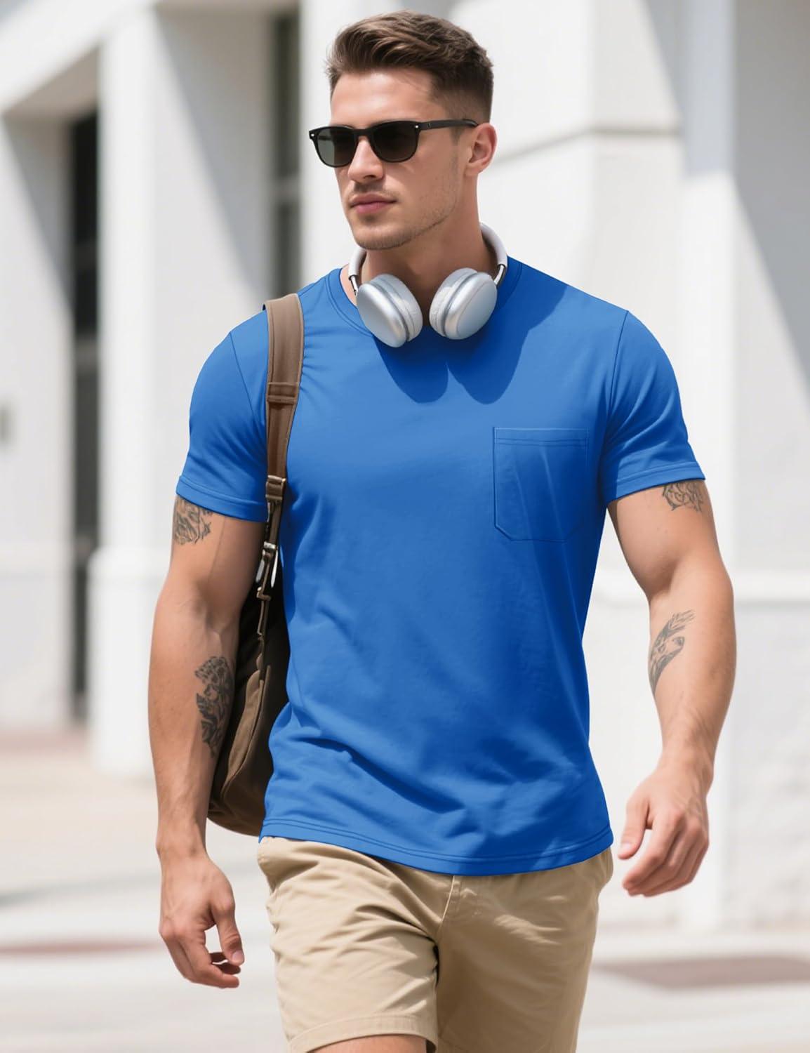 imageMAGCOMSEN Mens Pocket T Shirts Cooling UPF 50 Summer Tee Shirt Short Sleeve Crewneck Tee Cotton Lightweight Casual TShirtAzure