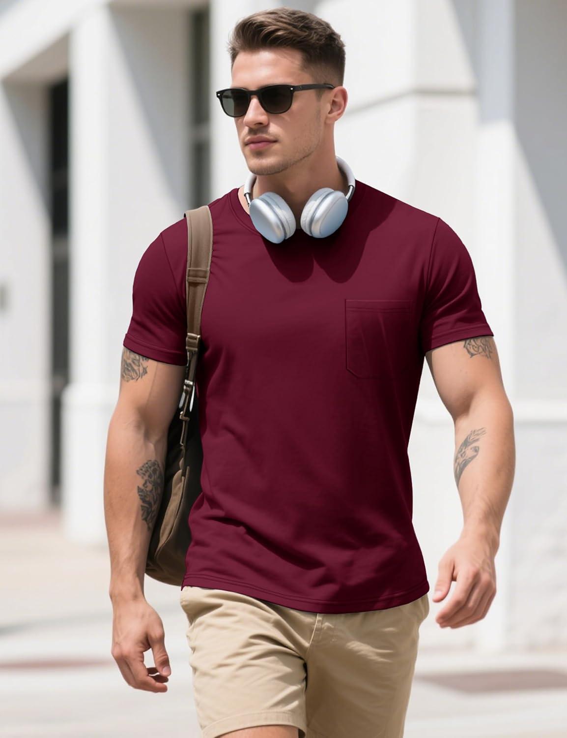 imageMAGCOMSEN Mens Pocket T Shirts Cooling UPF 50 Summer Tee Shirt Short Sleeve Crewneck Tee Cotton Lightweight Casual TShirtBurgundy